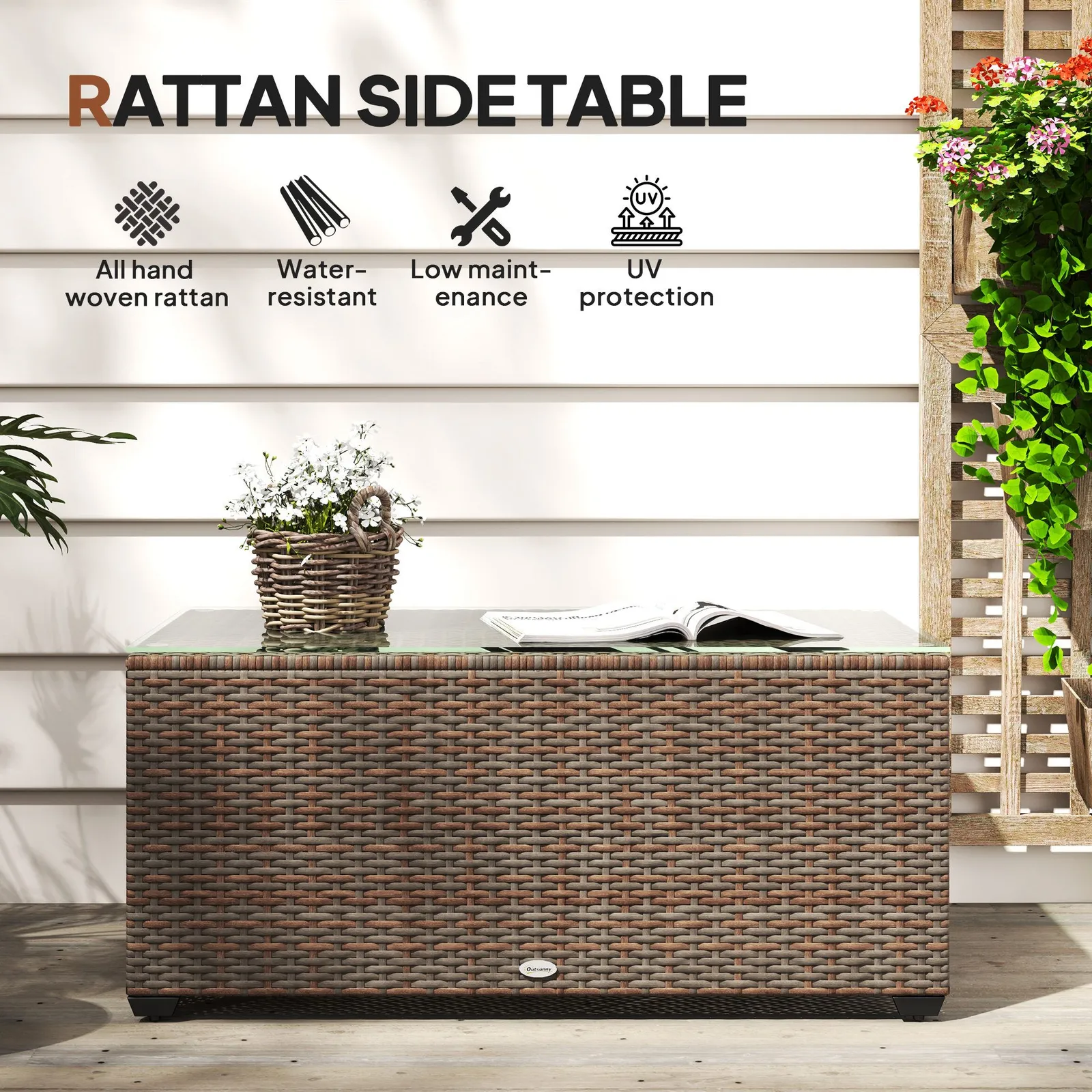 OUTSUNNY Outdoor Coffee Table, Glass Top Rattan Side Table, Brown 4