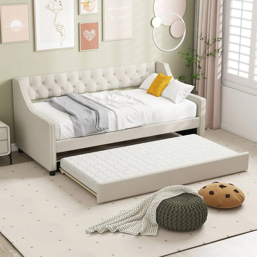 Costway Linen Upholstered Daybed Single Size Trundle Bed Sofa Bed Frame in Beige 3