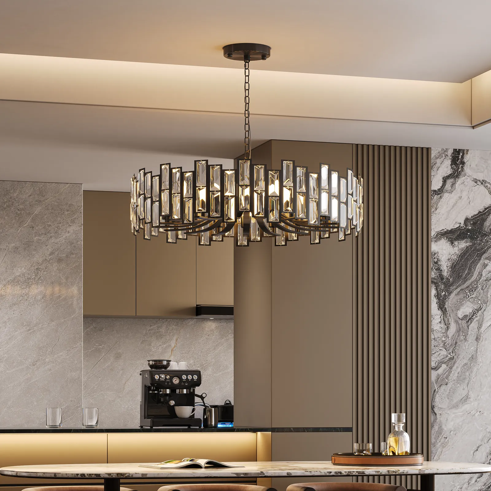 Clyvra Modern Geometric Crystal Chandelier 10-Light with Adjustable Chain in Black