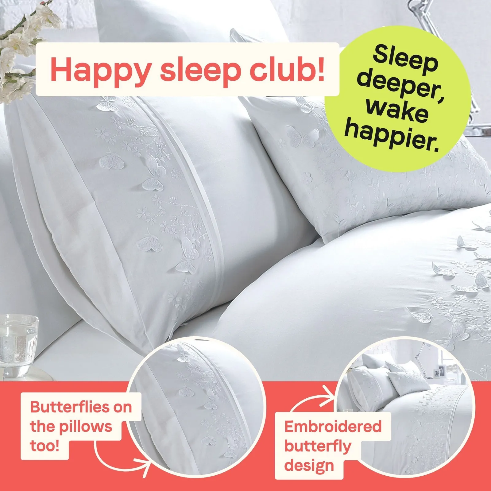 Rapport Home Papillon Polycotton Duvet Cover Set with Pillowcase in White 3