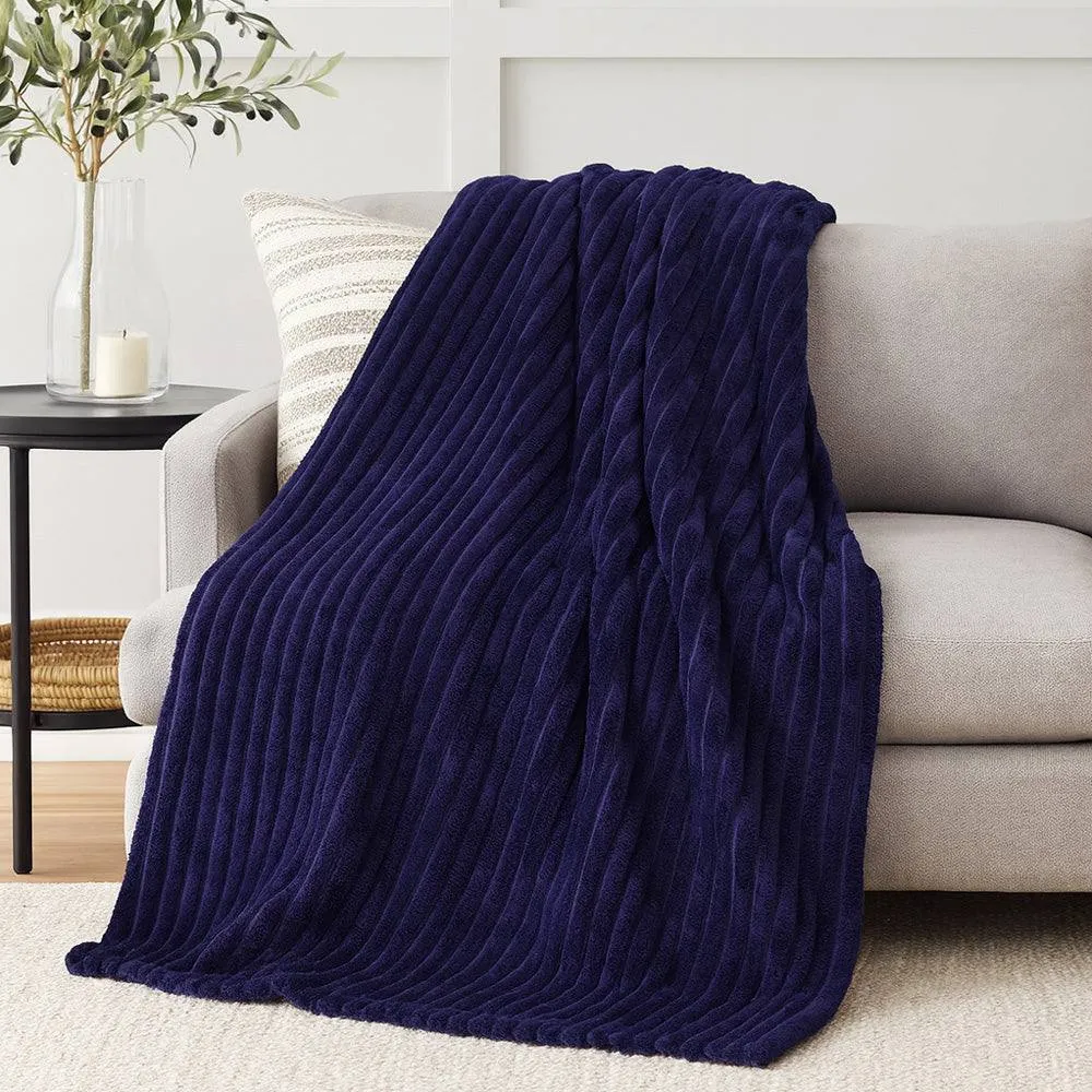 Voltico Luxury Ribbed Throw - Super Soft Polyester, 150 × 200 cm, Navy / Grey