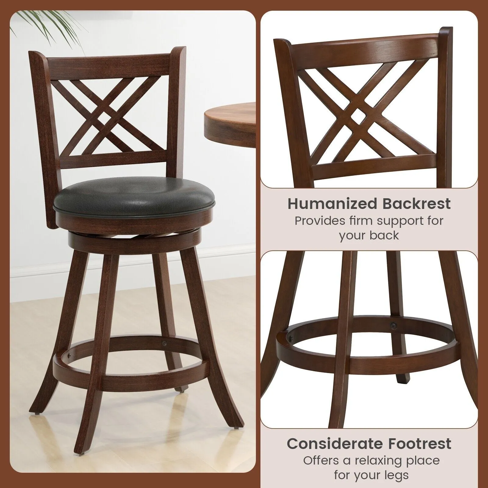 Costway Set of 2 Bar Stools Counter Height Chair Pub 360 Swiveling Upholstered Seat 24" in Brown 5