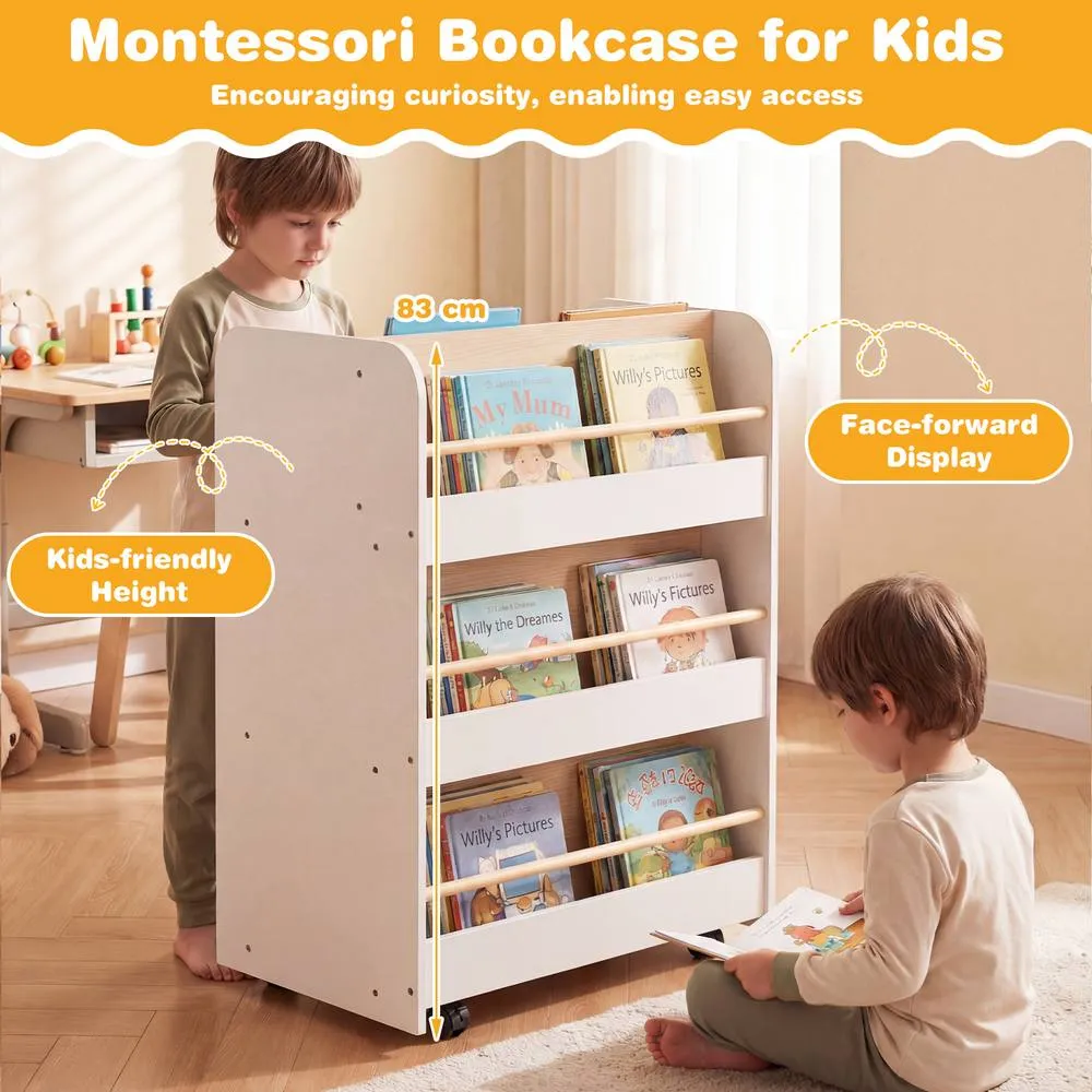 Costway 3-Tier Bookshelf w/ Wheels Double-sided Book Display & Storage Cart in White 2