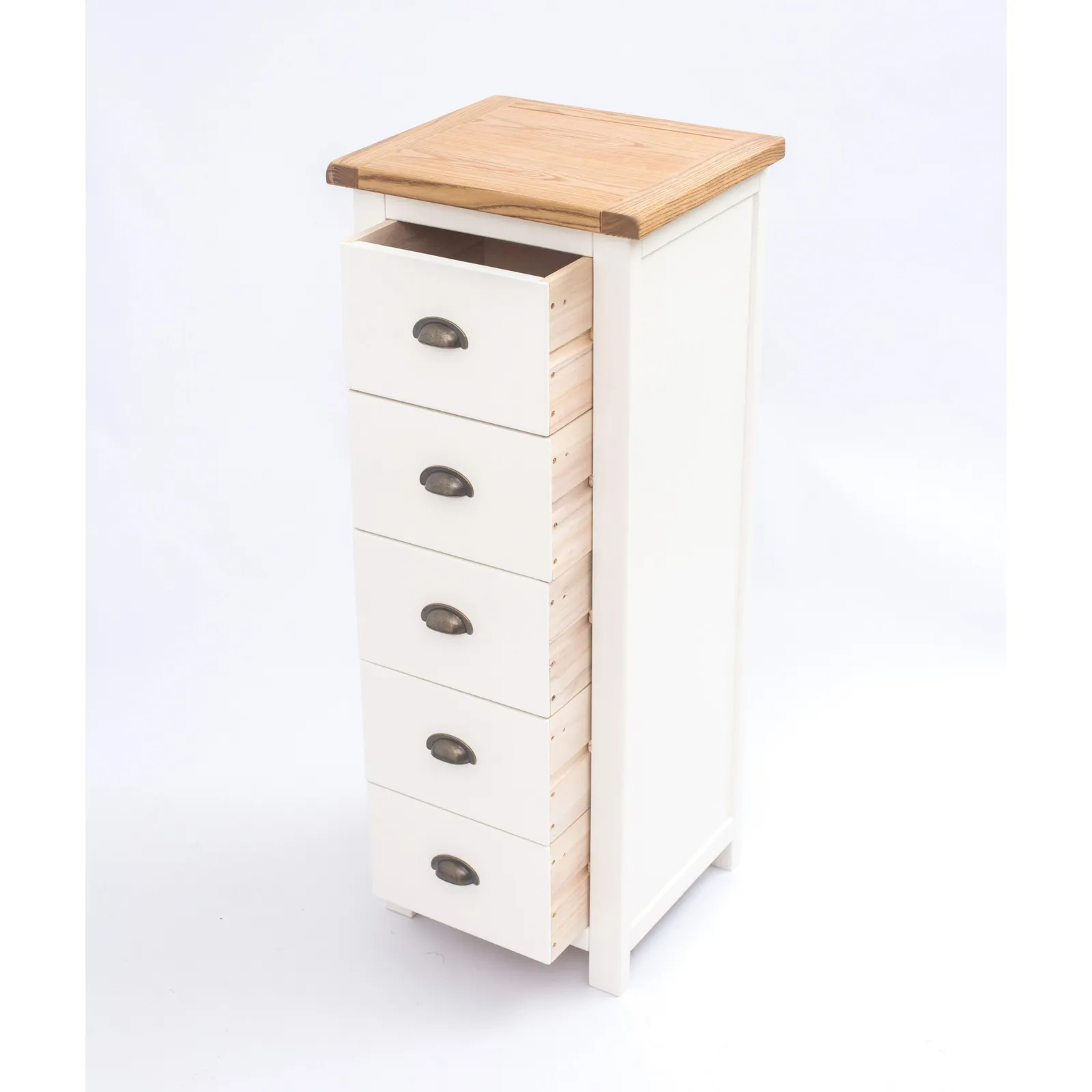 Cabinet Bits Lovere 5 Drawer Narrow Chest of Drawers Brass Cup Handle in Off-White 5