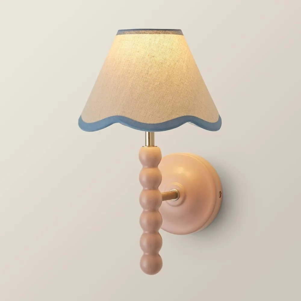 ValueLights Bobbins Pair of Pink Wall Lights with Linen Trim Lamp Shades & Bulbs in Pale Blue 6