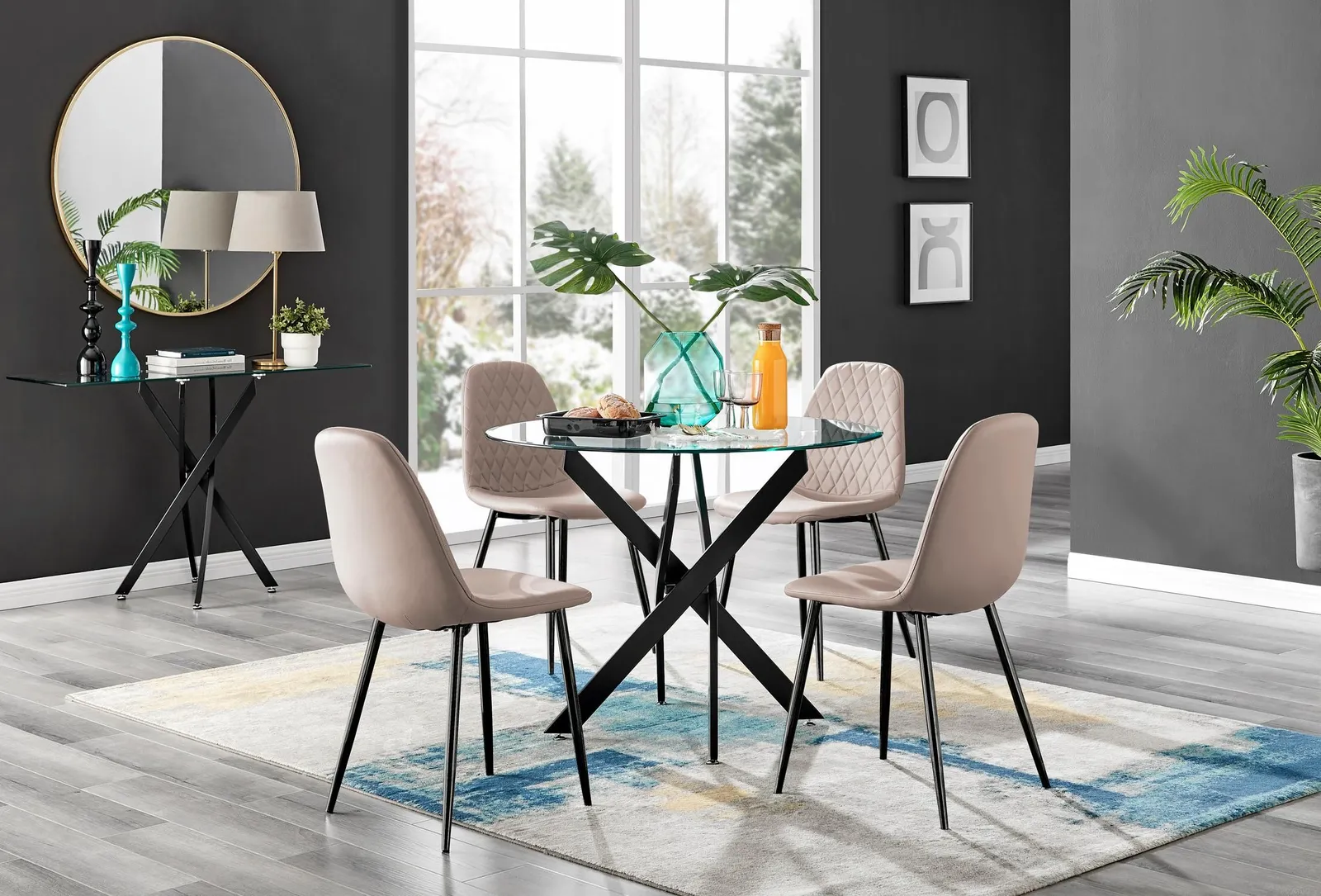FurnitureboxUK Novara 4 Seater Black Leg Round Glass Dining Table & 4 Corona Faux Leather Black Leg Chairs in Beige