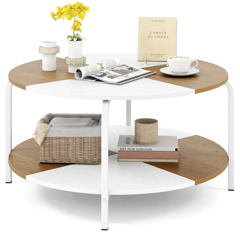 Costway 2-Tier Coffee Table w/ Shelf Round Cocktail Center Table Side Table 2