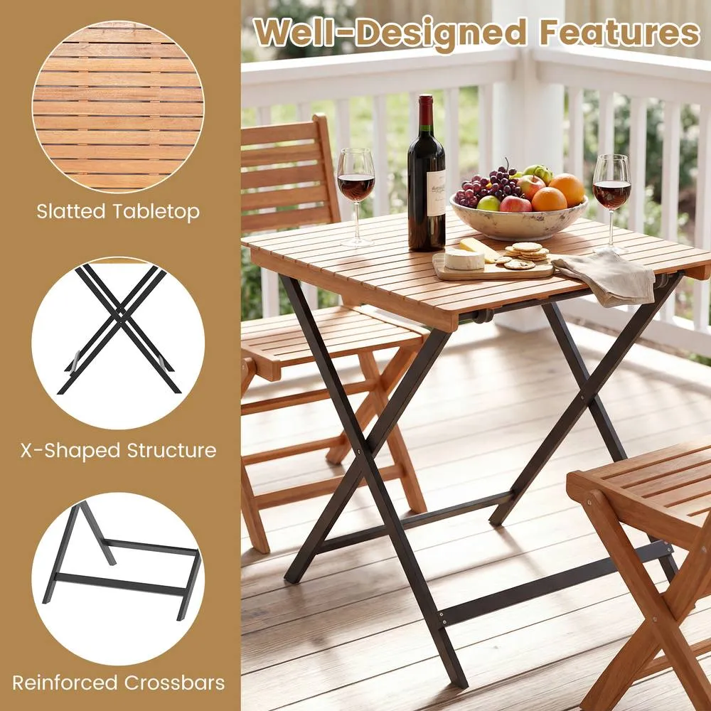 Costway 70CM Patio Folding Table Acacia Wood Square Table in Khaki 6