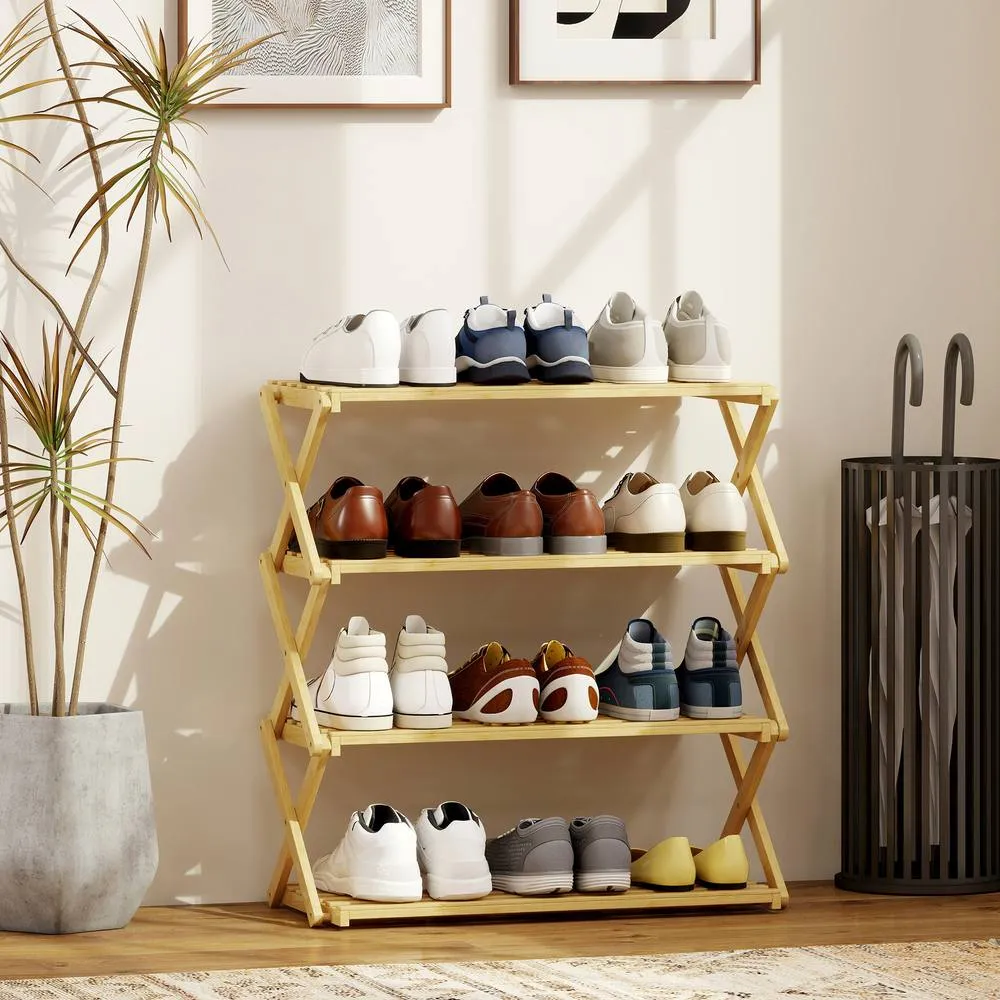 HOMCOM 4-Tier Bamboo Shoe Rack, Folding Shoe Shelf, Holds up to 12 Pairs in Natural