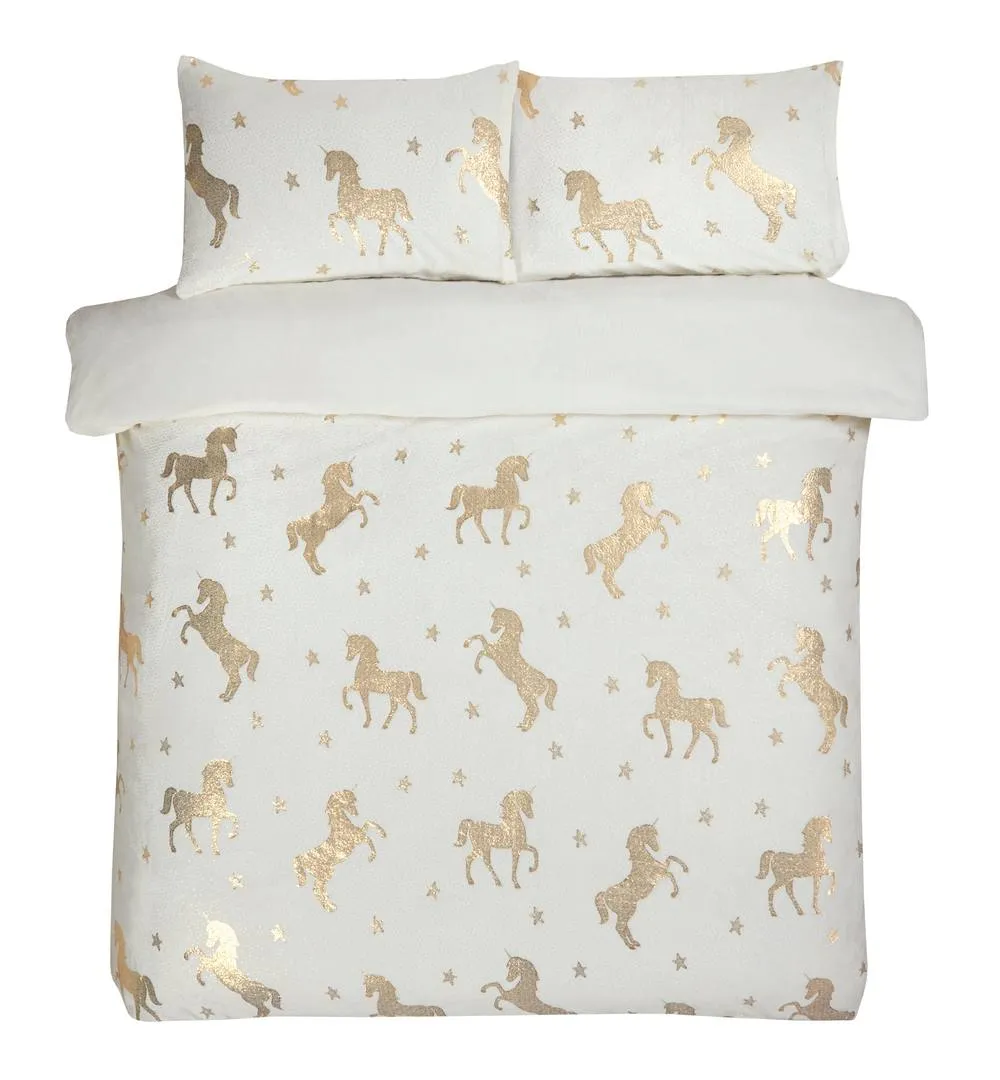 Smart Living Luxury Fleece Unicorn Foil Duvet Cover with Pillowcase in Ivory 3