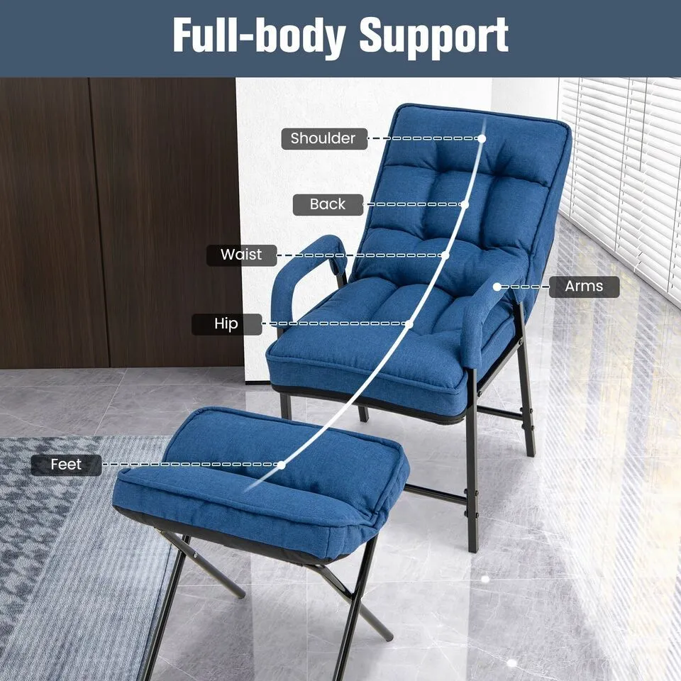 Costway Modern Accent Chair Linen Fabric Upholstered Single Sofa Chair w/Ottoman in Blue 5
