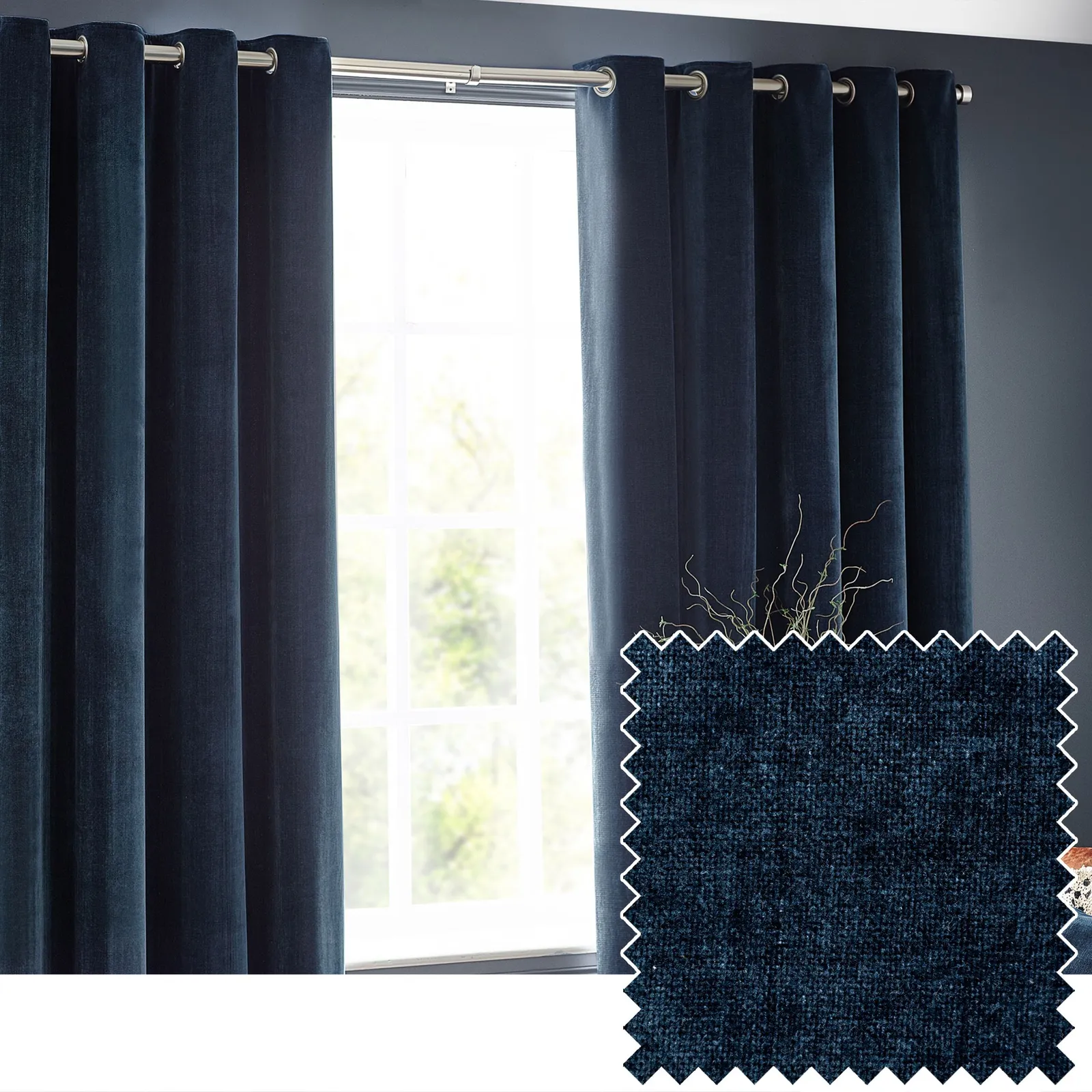 Yard Heavy Chenille Velvet Room Darkening Eyelet Curtain Pair in Navy 1