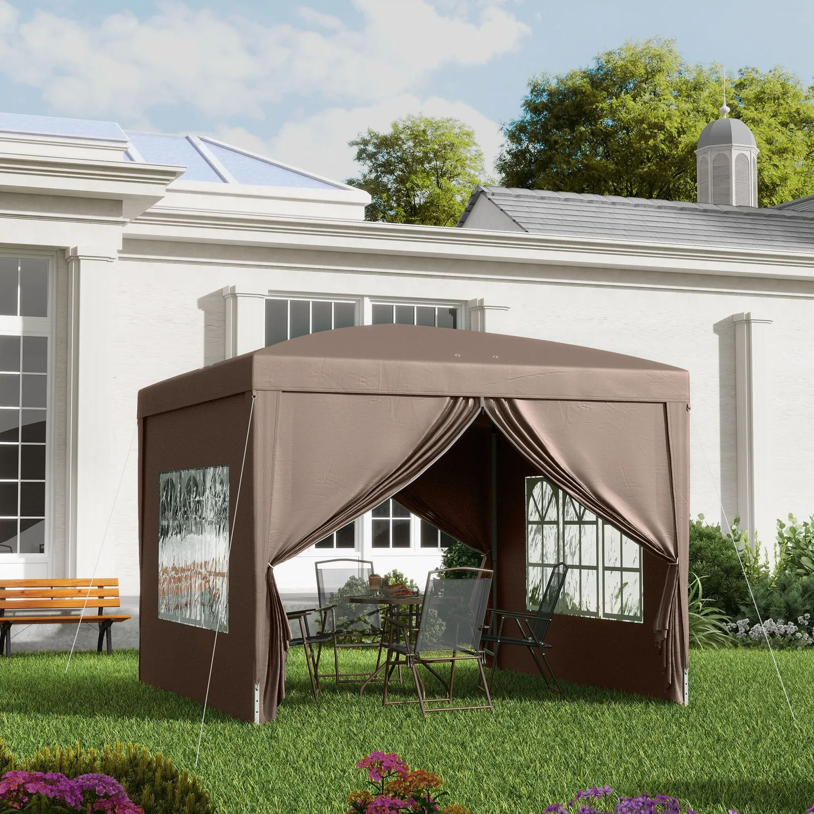 OUTSUNNY 3mx3m Pop Up Gazebo Party Tent Canopy Marquee with Storage Bag in Brown