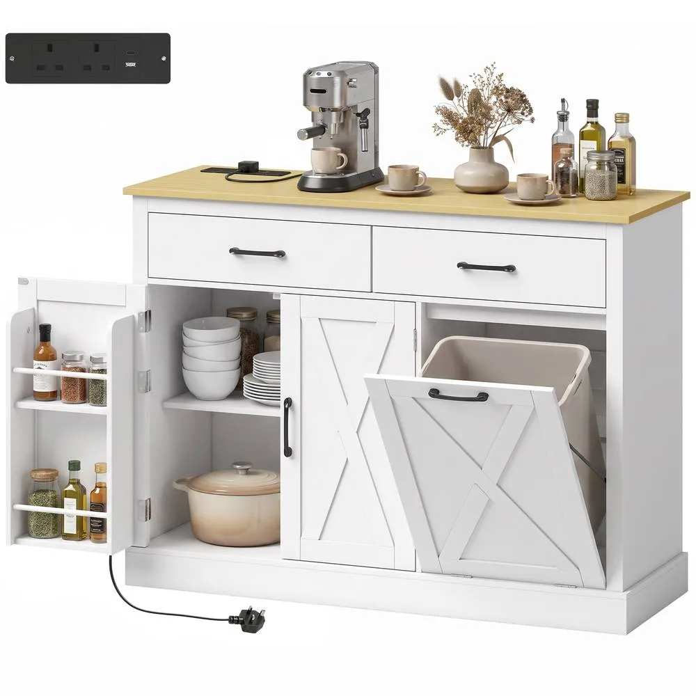 HOMCOM Tilt Out Trash Cabinet with Charging Station & Storage, White