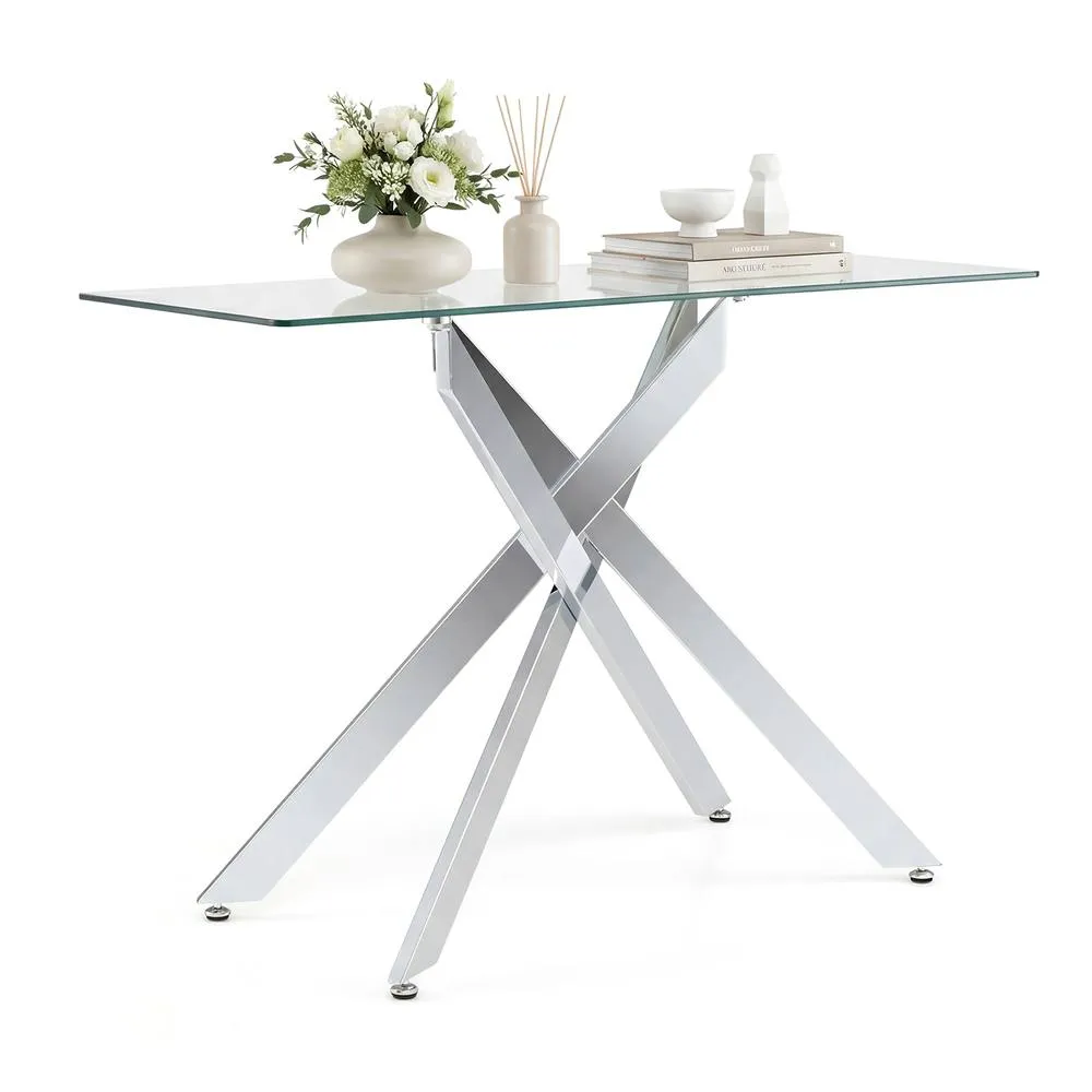 Costway Glass Console Table 115CM Entryway Table w/ Clear Tempered Glass Top in Silver 3
