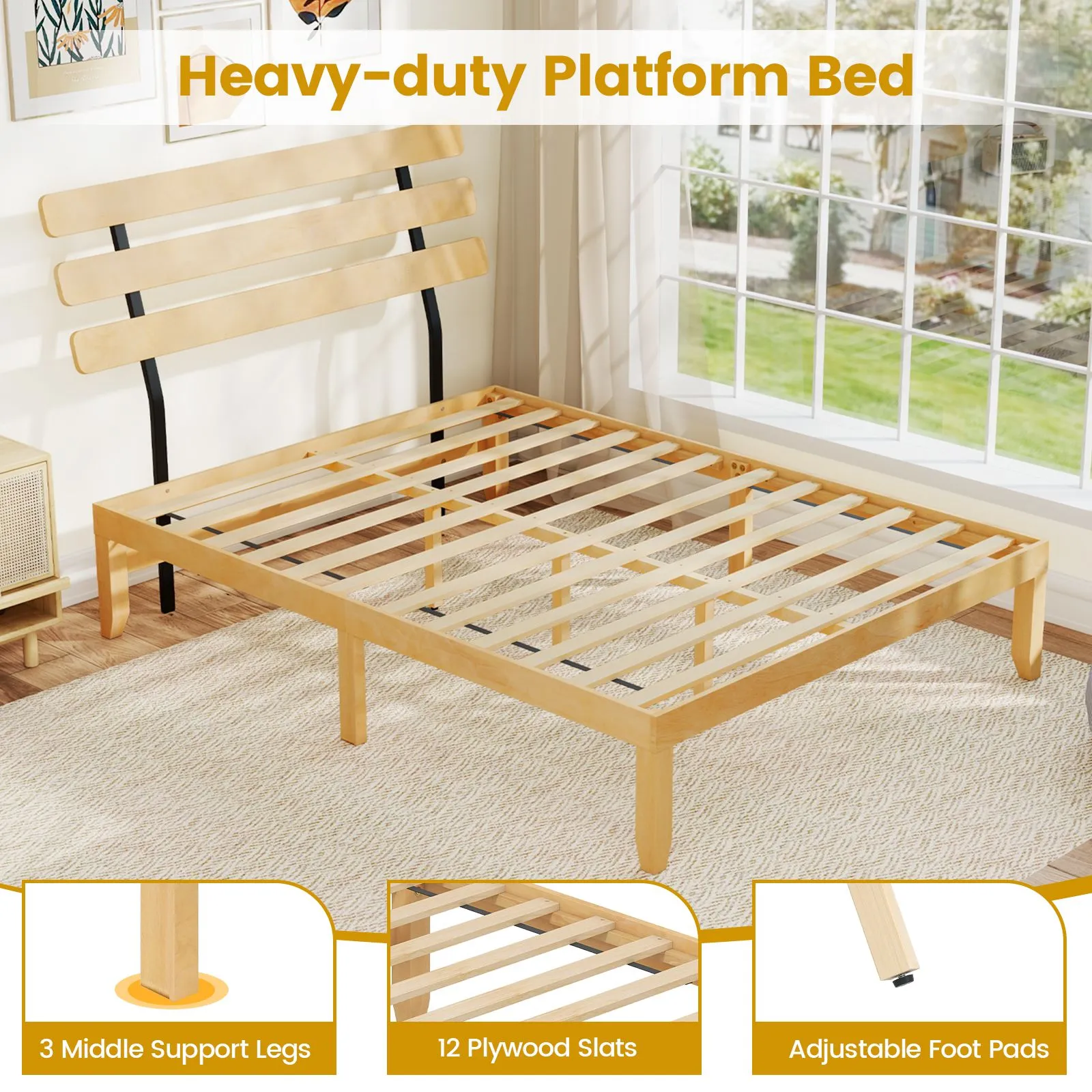 Costway King Size Bed Frame Wood Platform Bed w/ Retro Headboard in Natural 5