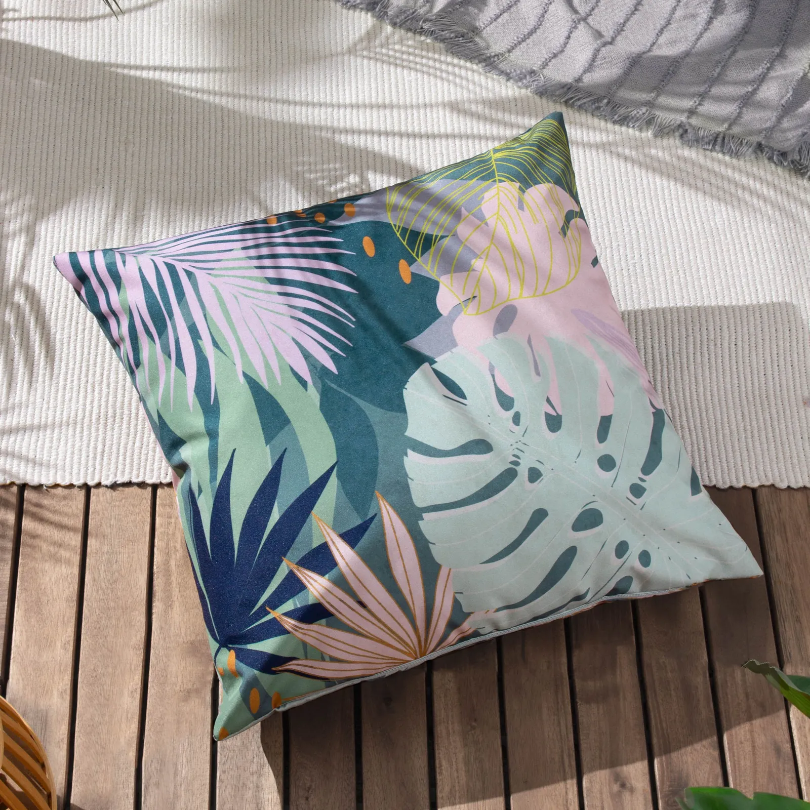 Furn Leafy Palm Sqaure Water & UV Resistant Outdoor Cushion in Teal