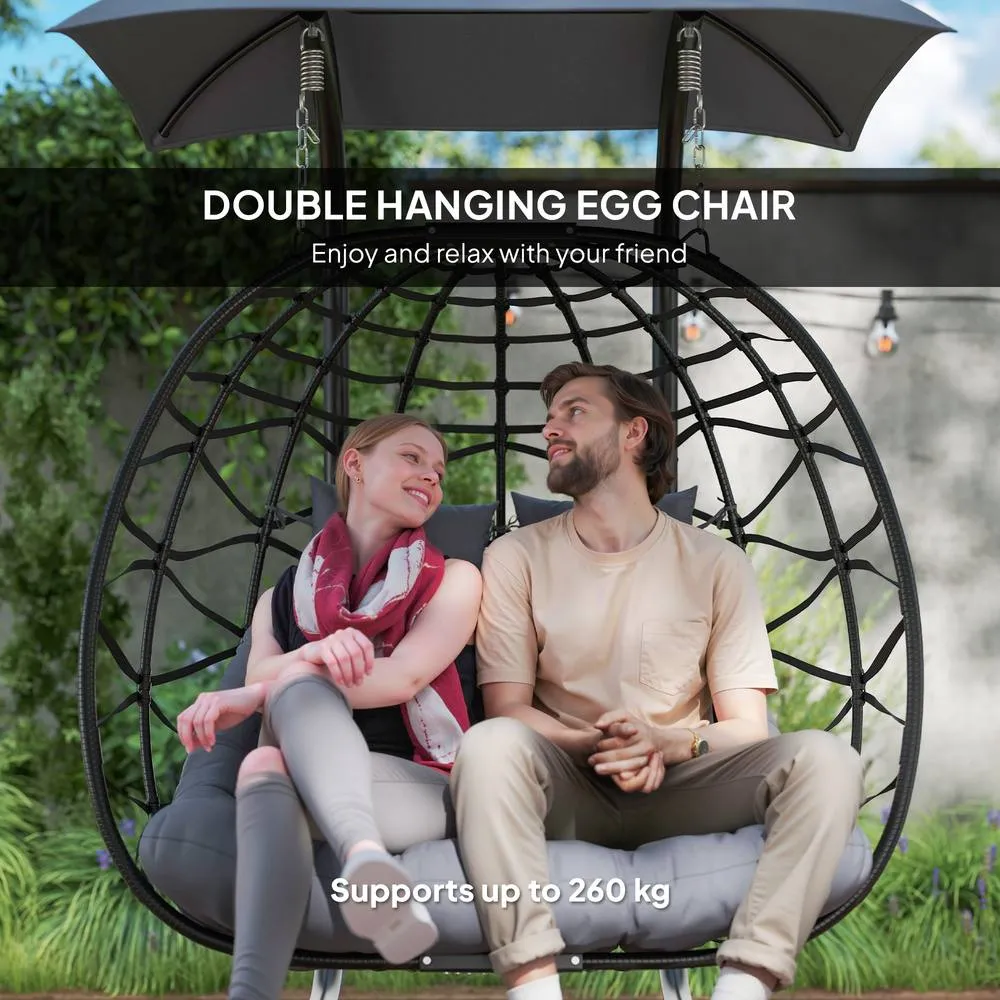 OUTSUNNY Rattan Double Hanging Egg Chair with Canopy, Cushion, Black 4