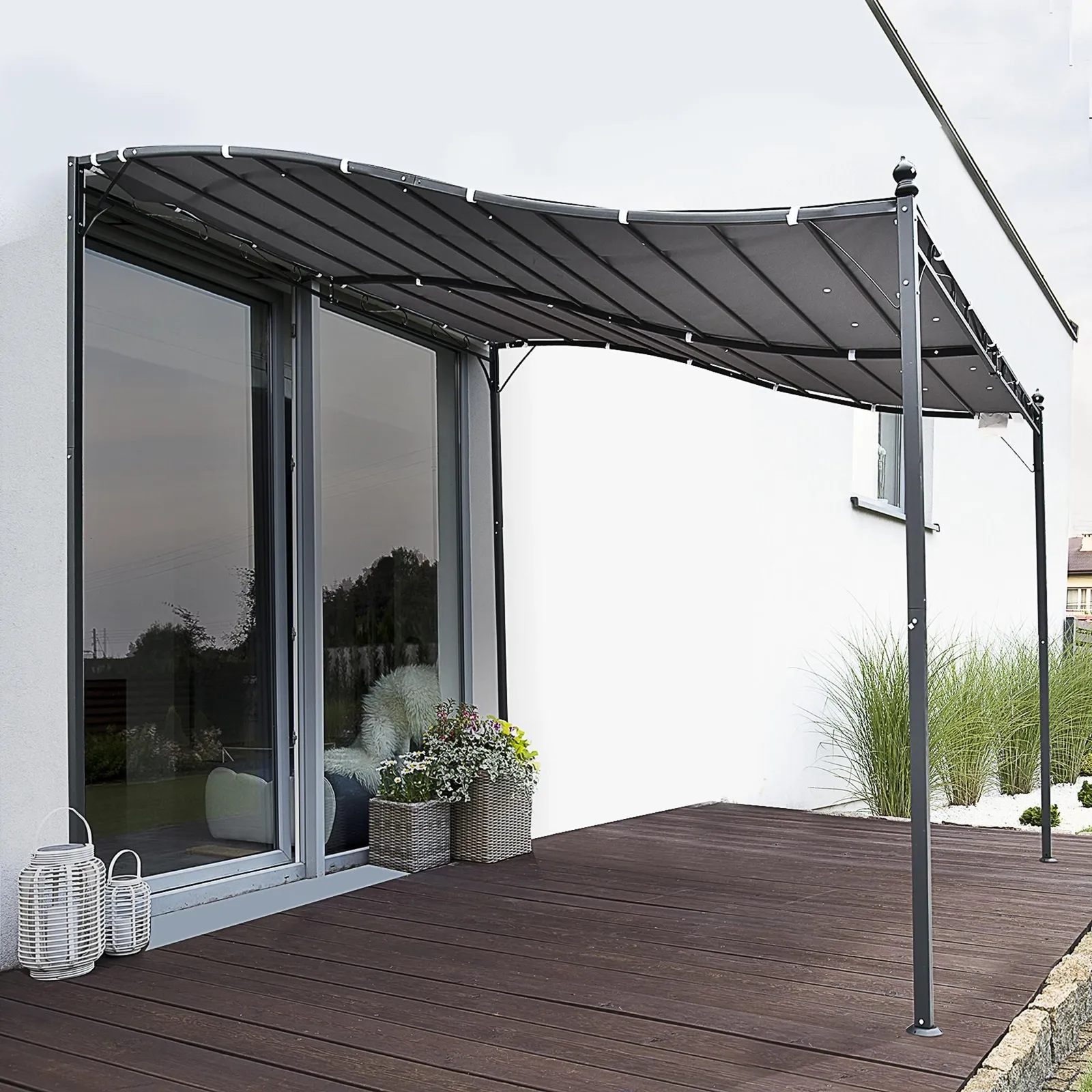 OUTSUNNY 3 x 3M Wall Mounted Awning Free Stand Canopy Shade Garden Porch Pergola in Grey