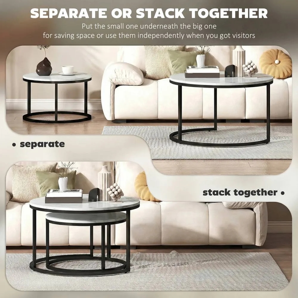 HOMCOM 2 Pcs Stacking Coffee Table Set Steel Frame in White 6