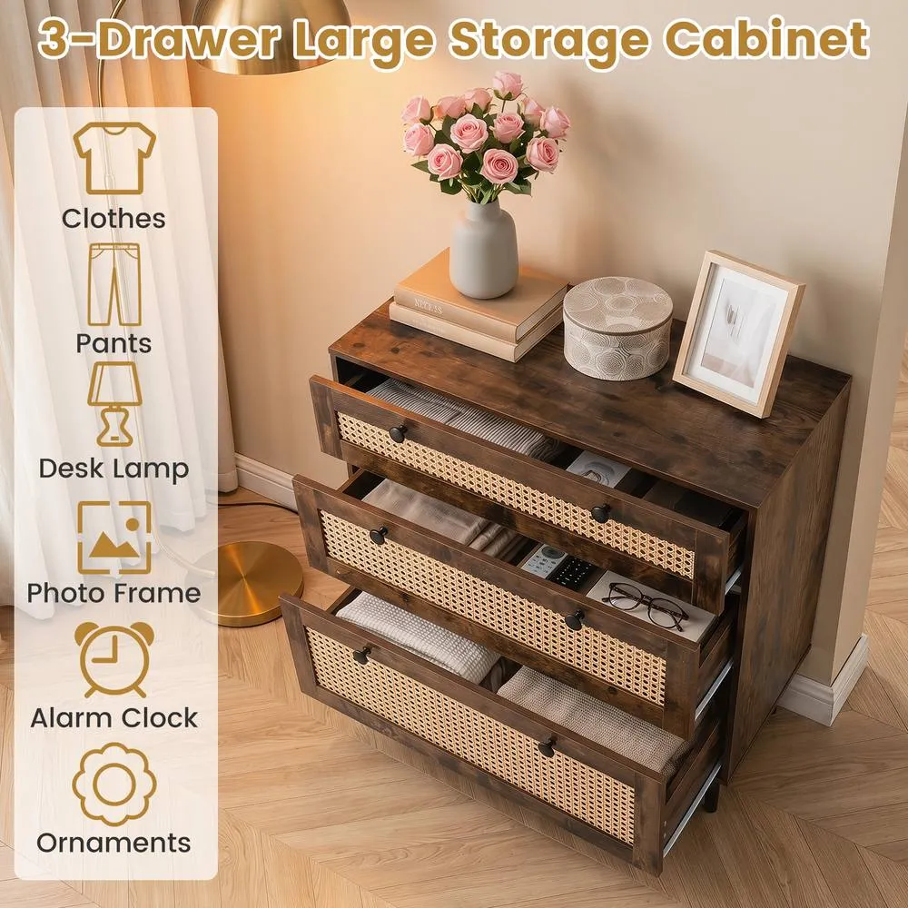 Costway Dresser with 3 Drawers & Rattan Design & 5 Metal Legs in Brown 4