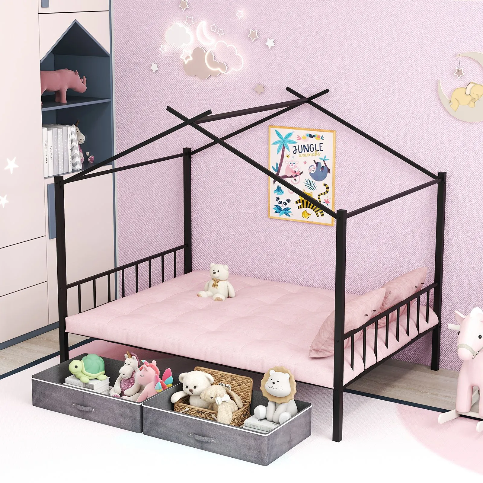 Costway Double Size House Bed Heavy-Duty Metal Platform Bed w/2 Drawers in Black 5