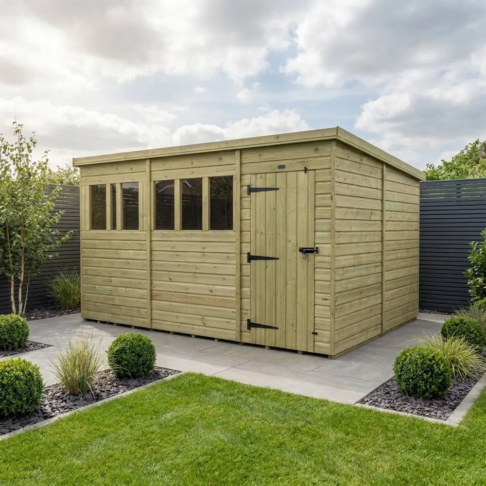 Buttercup Farm 17ft x 10ft Pent Garden Shed Single Door With Windows - Timber in Brown 2