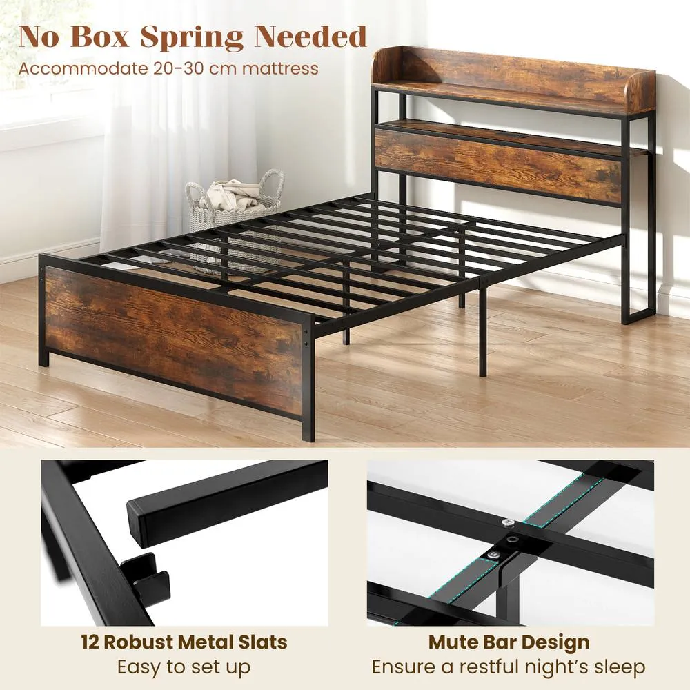 Costway Double Bed Frame w/LED Lights & Power Outlets Platform Bed w/Headboard in Black 4