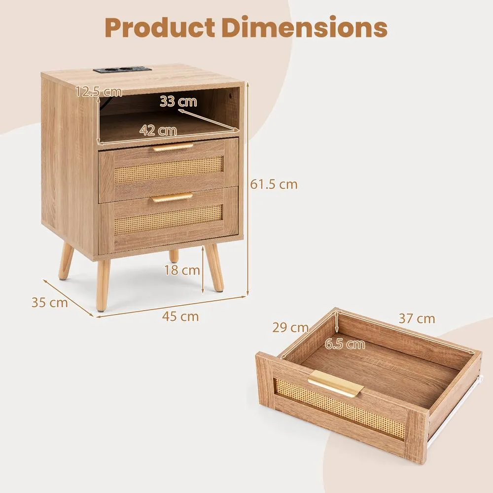 Costway Rattan Bedside Table with Charging Station & LED Lights in Natural 2
