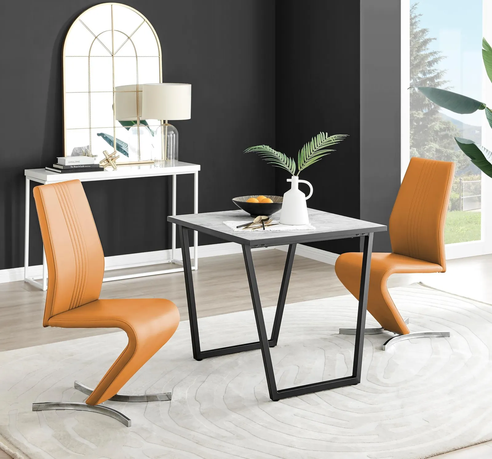FurnitureboxUK Carson White Marble Effect Square Dining Table & 2 Faux Leather Willow Chairs in Mustard 1
