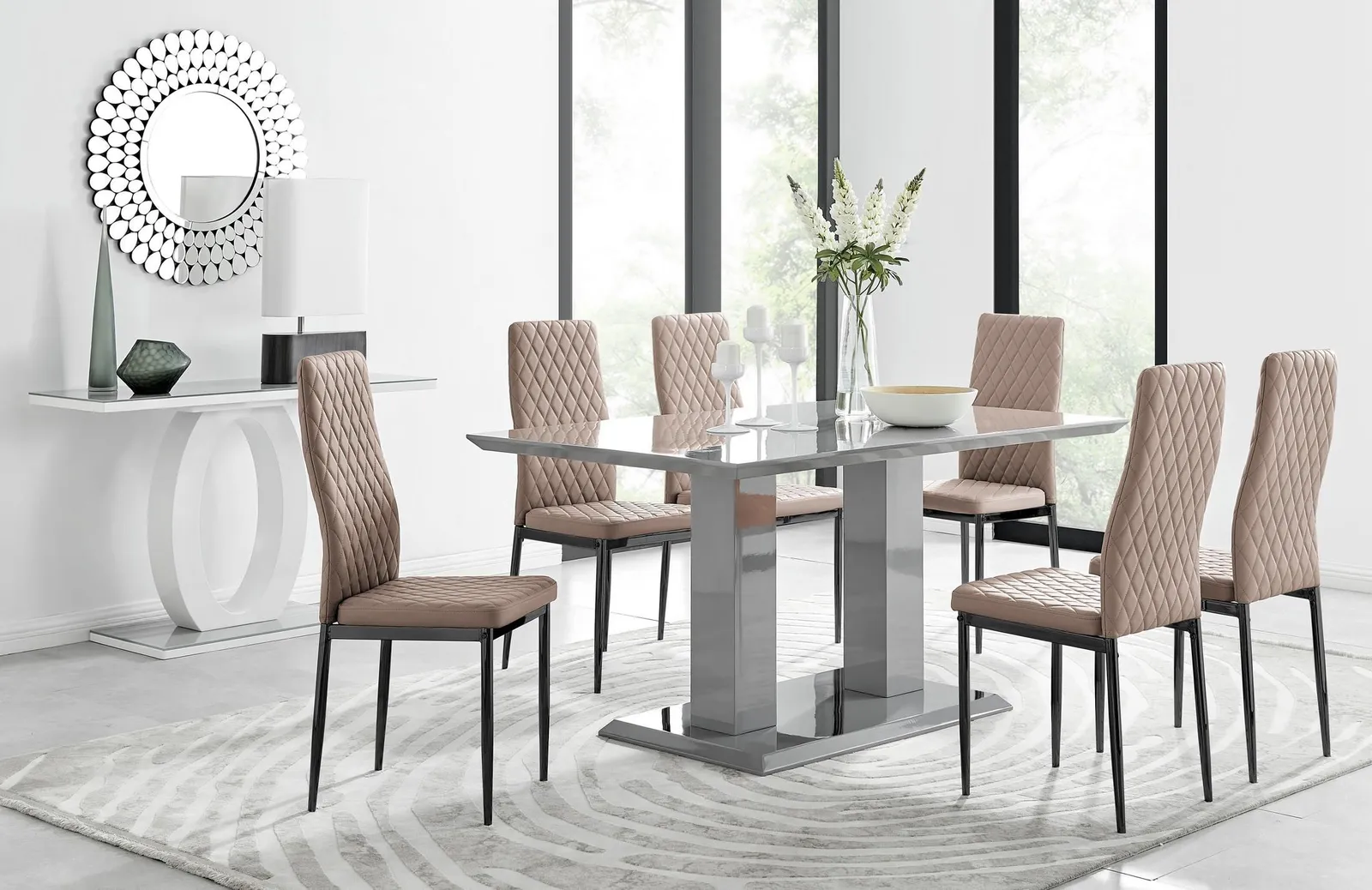 FurnitureboxUK Imperia 6 Grey Dining Table & 6 Milan Black Leg Chairs in Beige