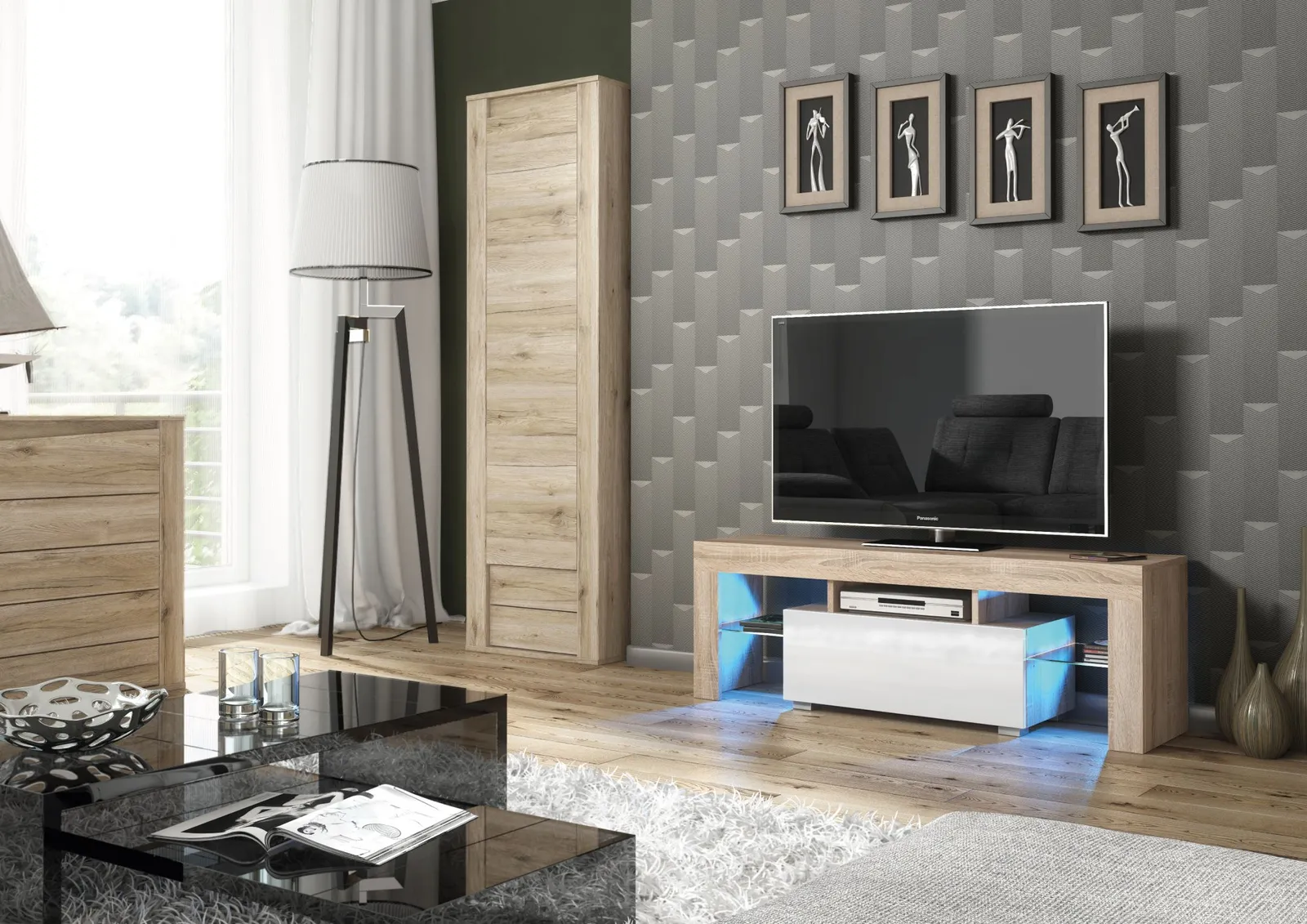 Creative Furniture Floe TV Unit 130cm - A Sleek & Elegant Cabinet with Gloss Doors & LED Lights in Light Oak 2