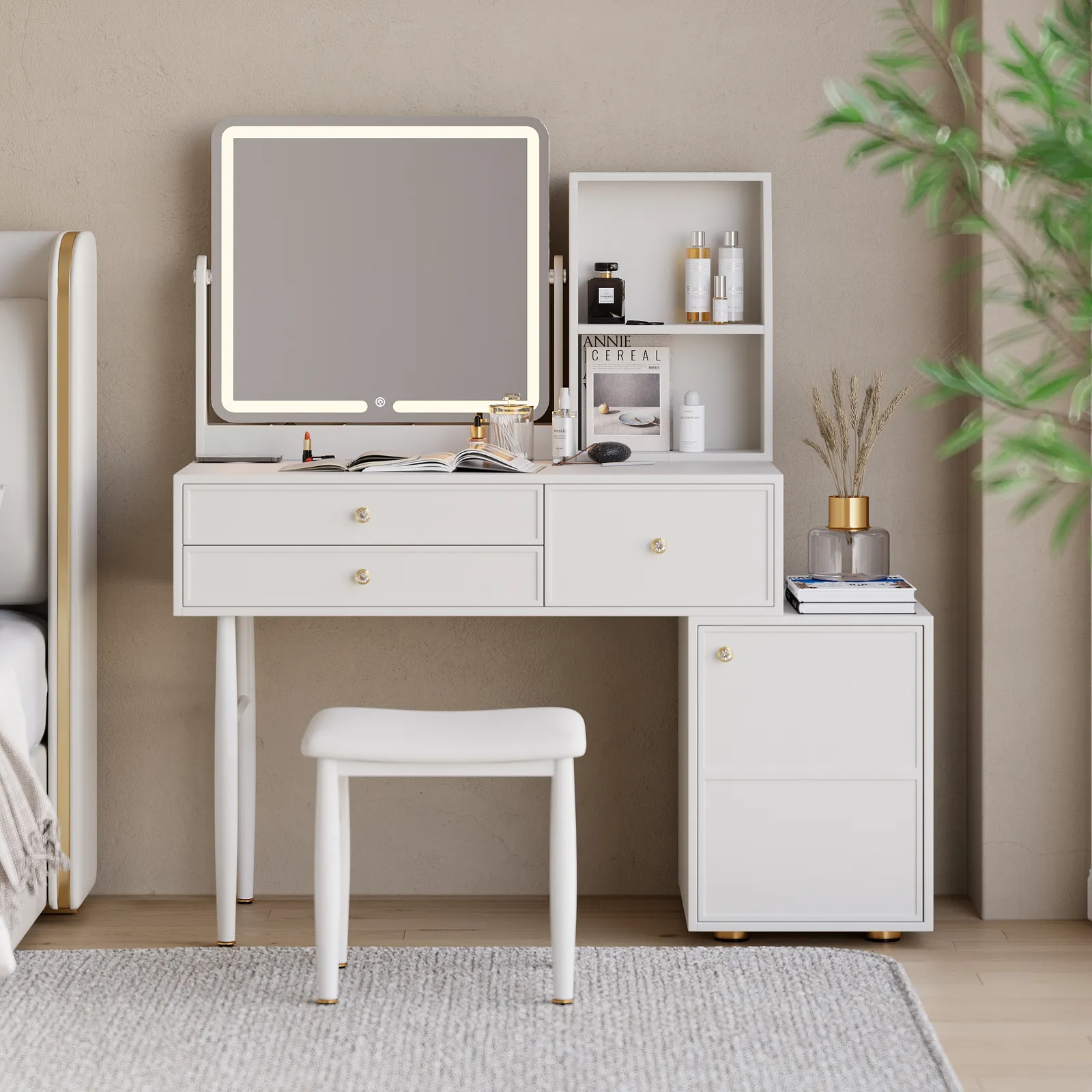 Leather Modern White Dressing Table with Chair with LED Mirror & Charger Dressing Table with Stool