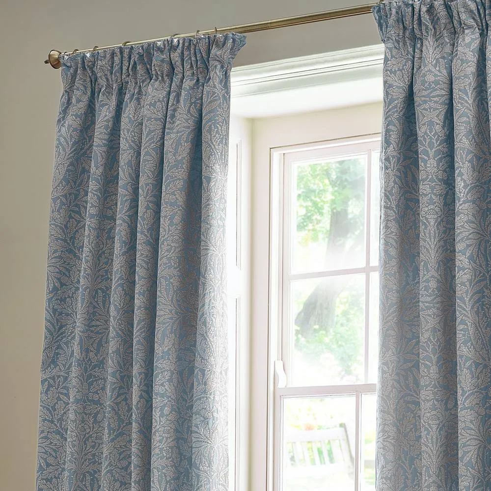 Morris & Co Acorn Tonal Fully Lined Matt Jacquard Pencil Pleat Curtains in Baby Blue 3