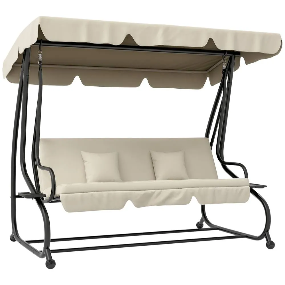 OUTSUNNY 2-in-1 Garden Swing Chair for 3 Person w/ 2 Pillows, Cream in White 2