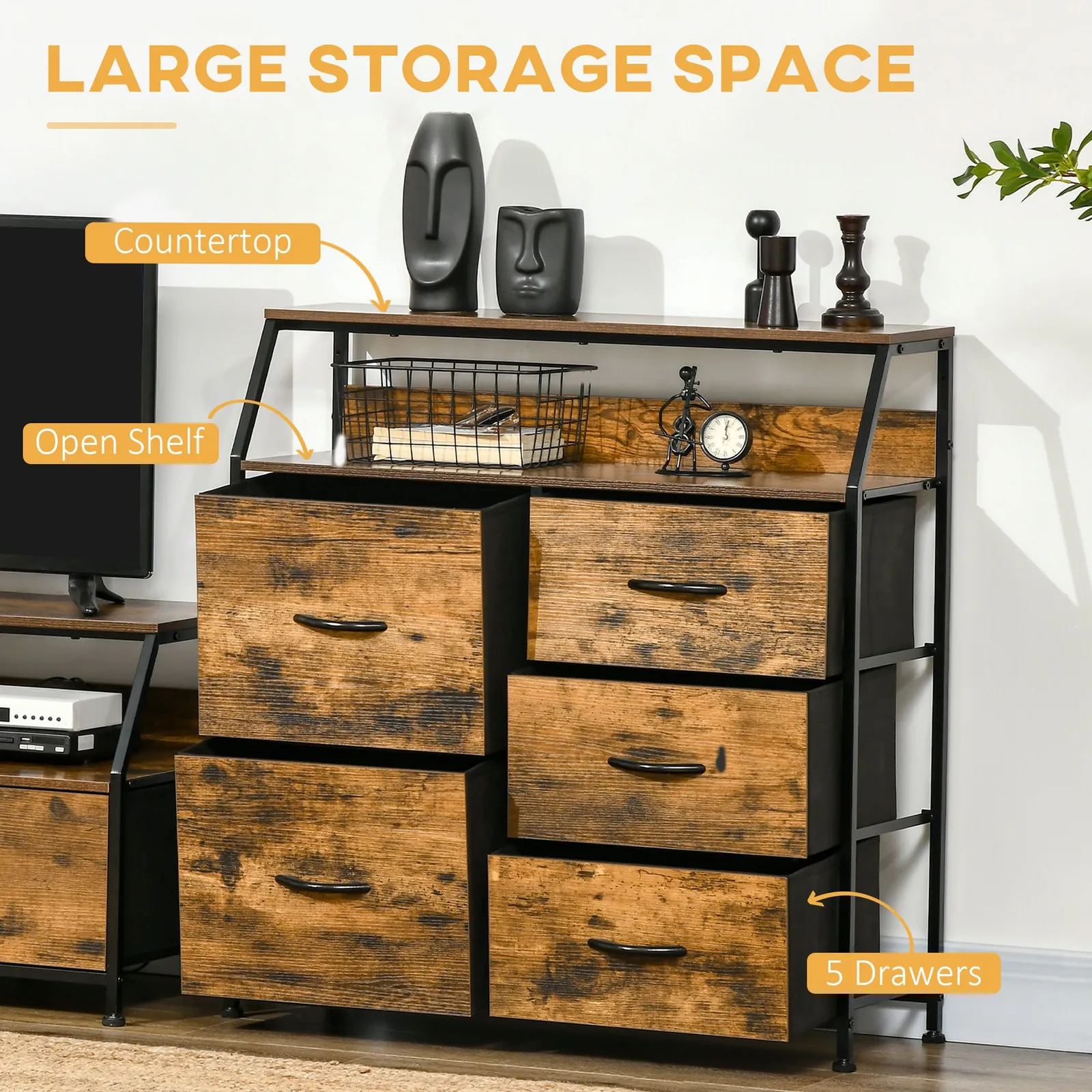 HOMCOM Industrial Drawer Chest 5 Drawers Dresser with Open Shelf in Brown 4