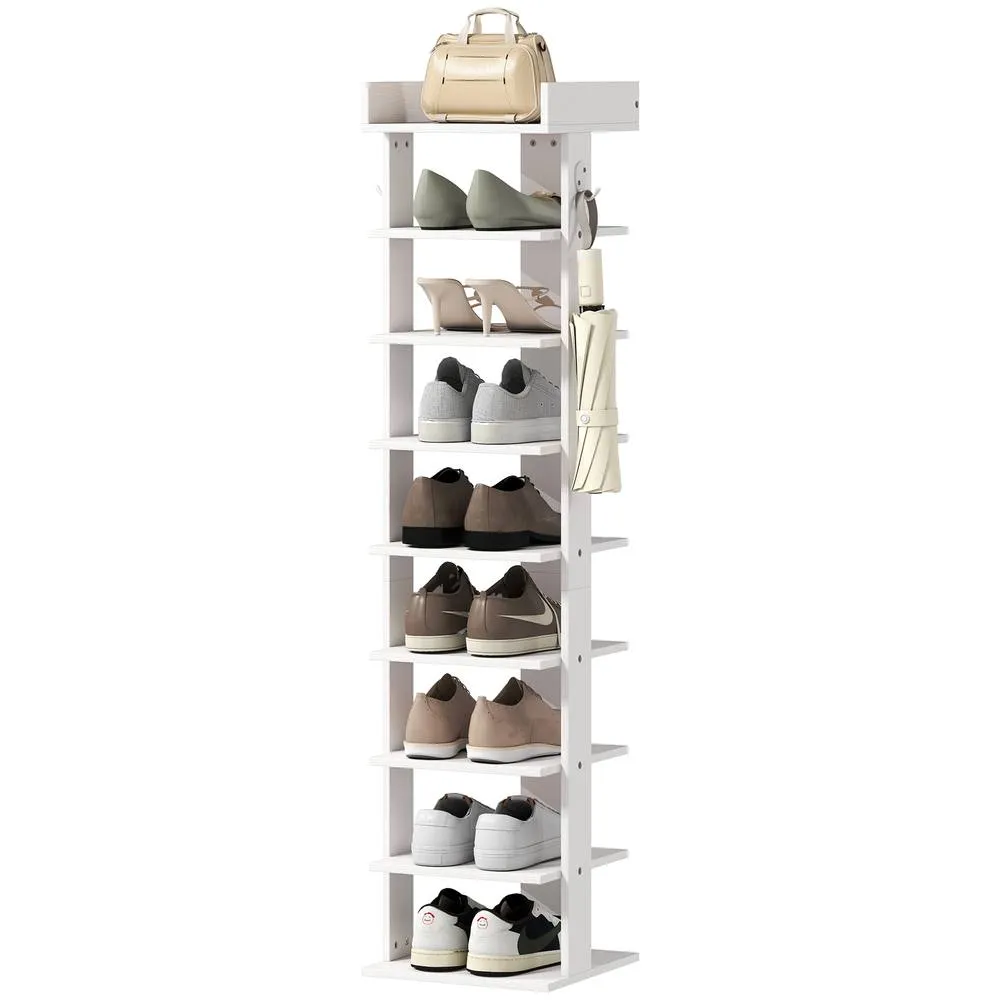 HOMCOM Shoe Rack 9-Tier Top Tray 2 Hooks 30 x 30 x 128.4 cm White