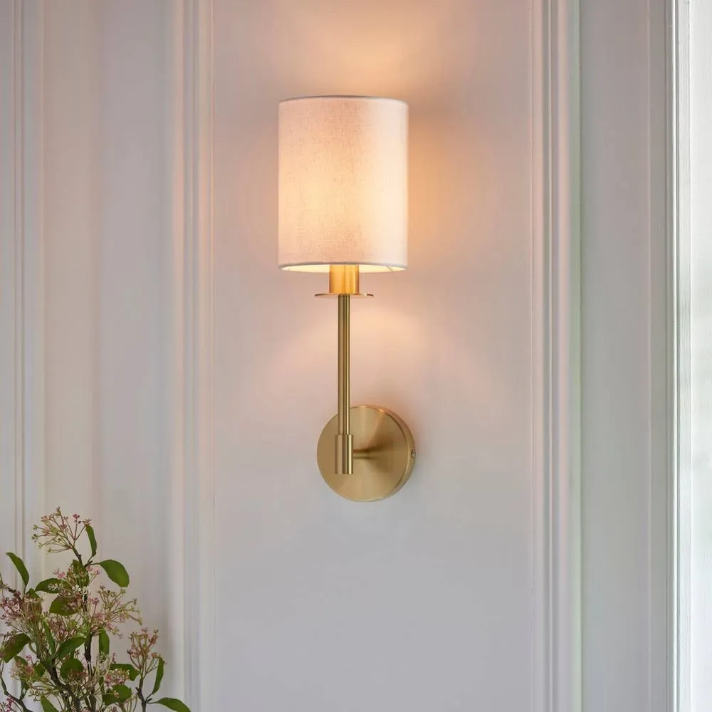 Endon Collection Sancerre Wall Lamp With Shade Satin Brass Plate Vintage White Fabric 1X E14, Gold 3