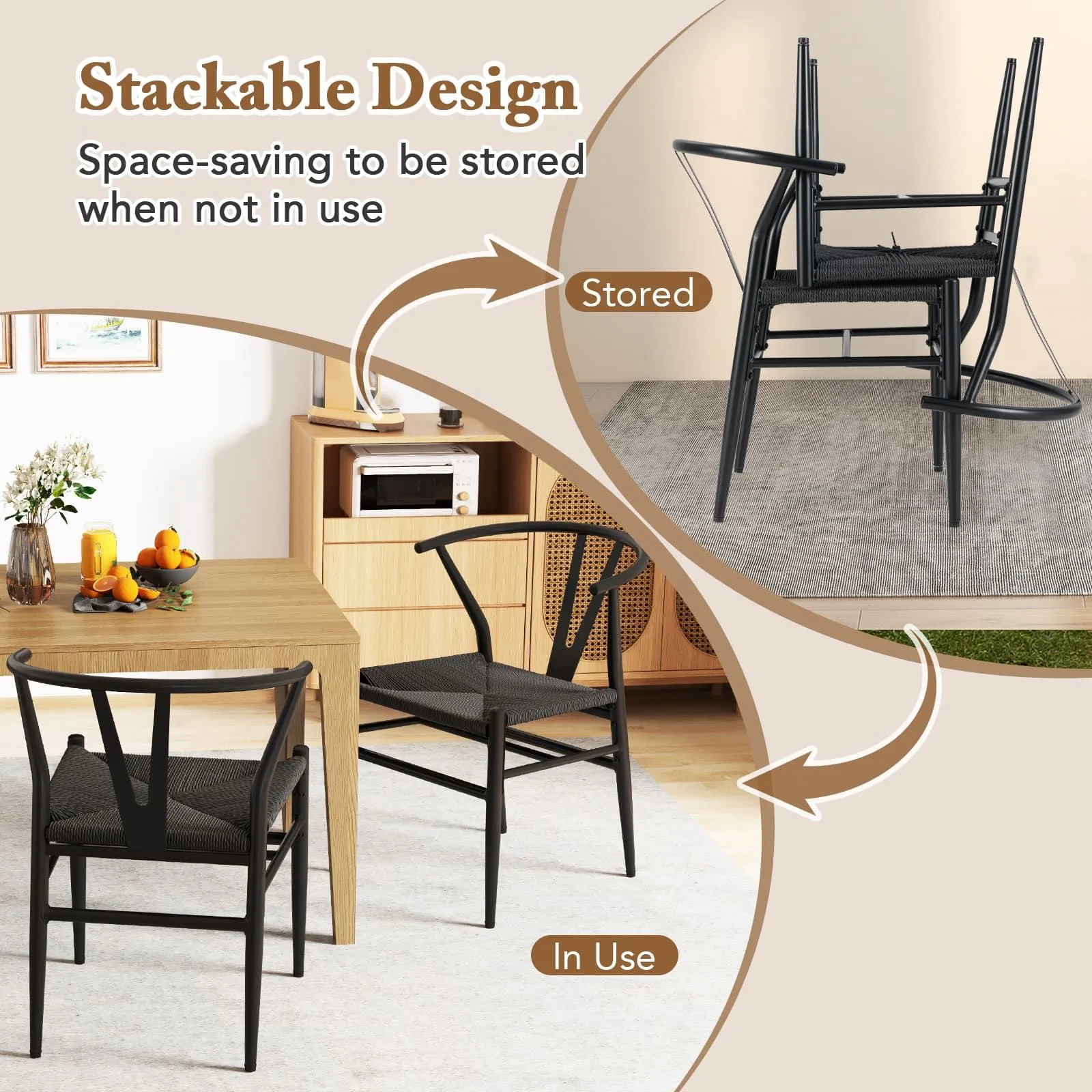 Costway Wishbone Dining Chair Set of 2 Modern Weave Armchairs in Black 6