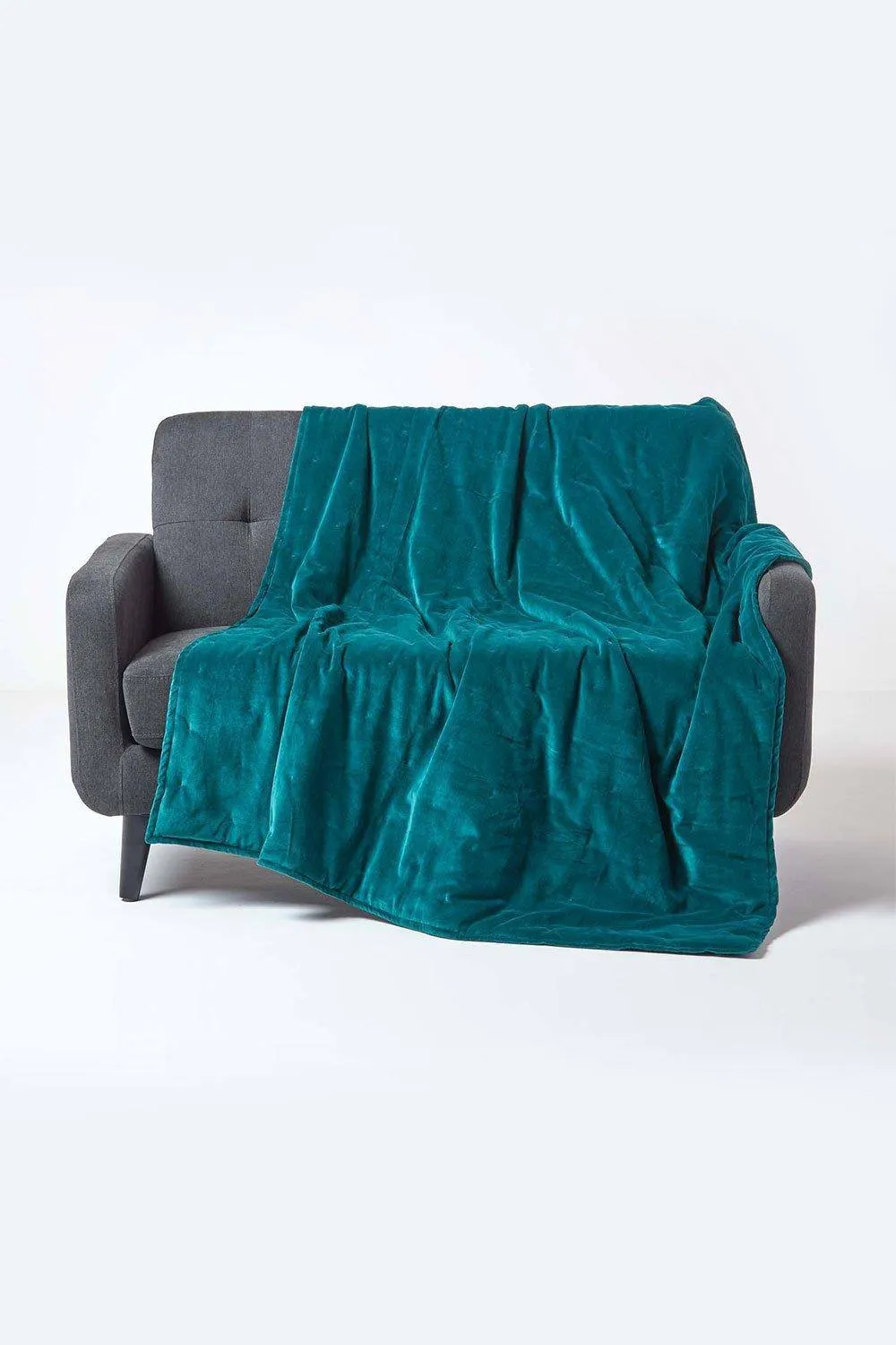 Homescapes Velvet Quilted Throw 100% Cotton, Soft & Luxurious Blanket in Emerald