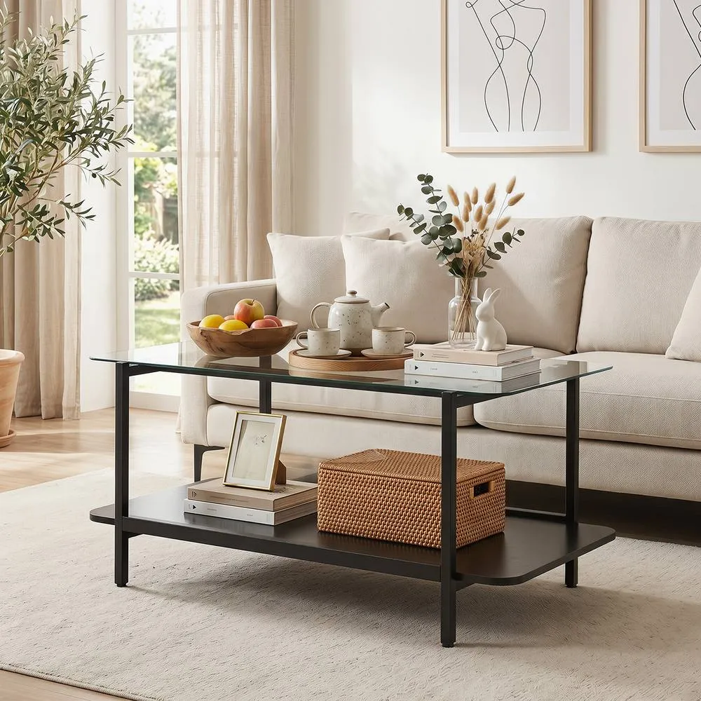 Costway 2-Tier Tempered Glass Coffee Table Modern Rectangular Center Table in Black 3