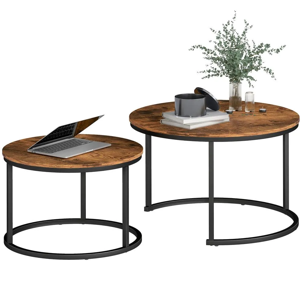 HOMCOM Marble Coffee Table Set of 2, Round Nest of Tables, Rustic Brown 2