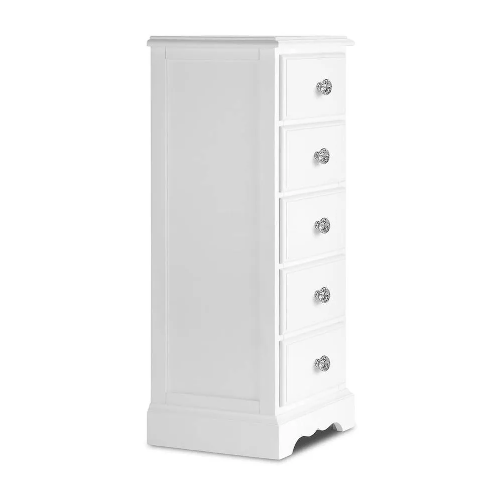 Statement Furniture Romance 5 Drawer Tallboy with Crystal Handles in Cool White 6