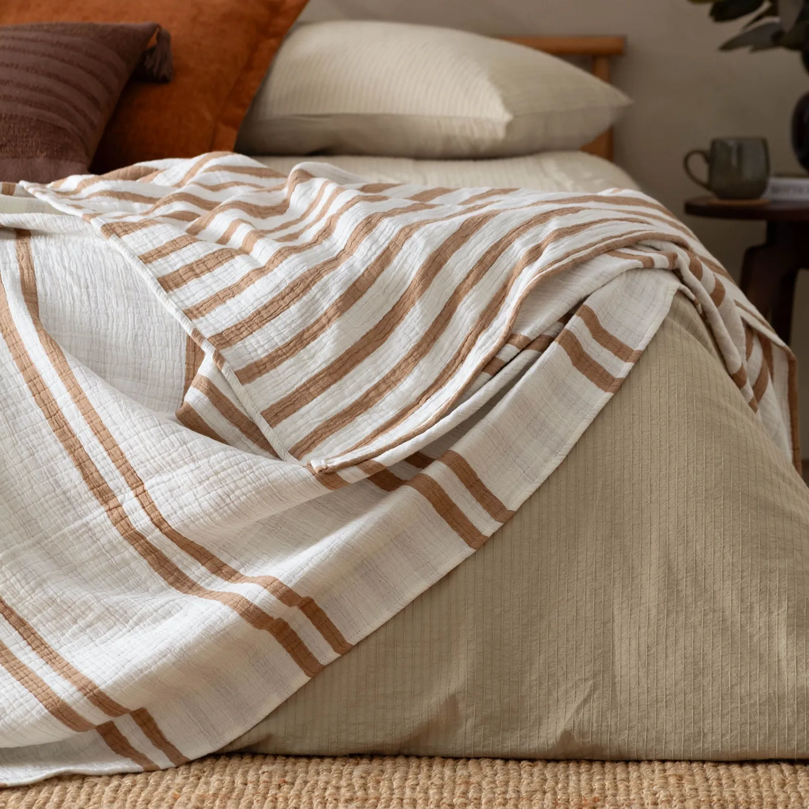 Yard Woven Stripe 100% Cotton Bedspread in Light Brown