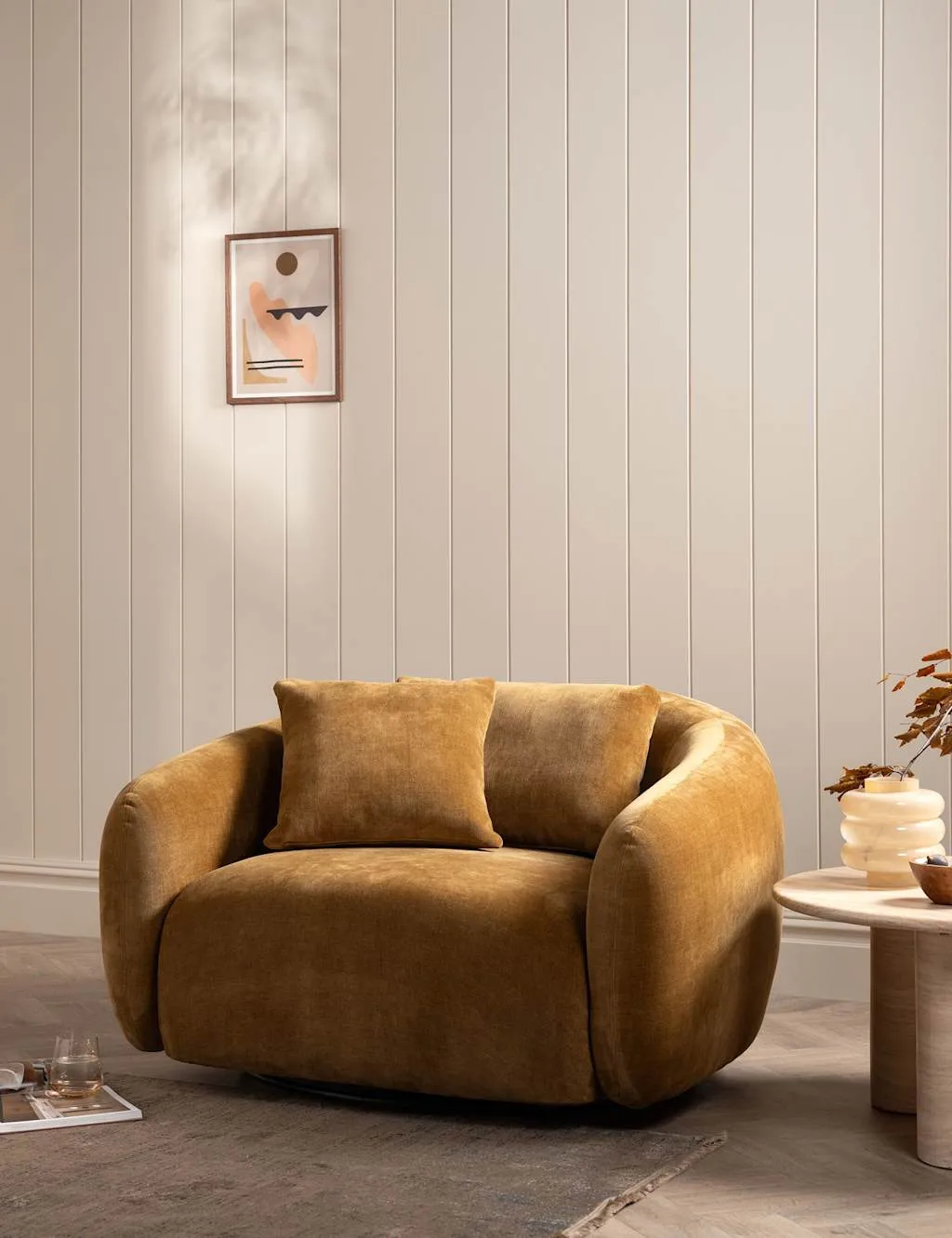 BARKER AND STONEHOUSE Cocoon Chenille Swivel Snuggle Chair Yellow