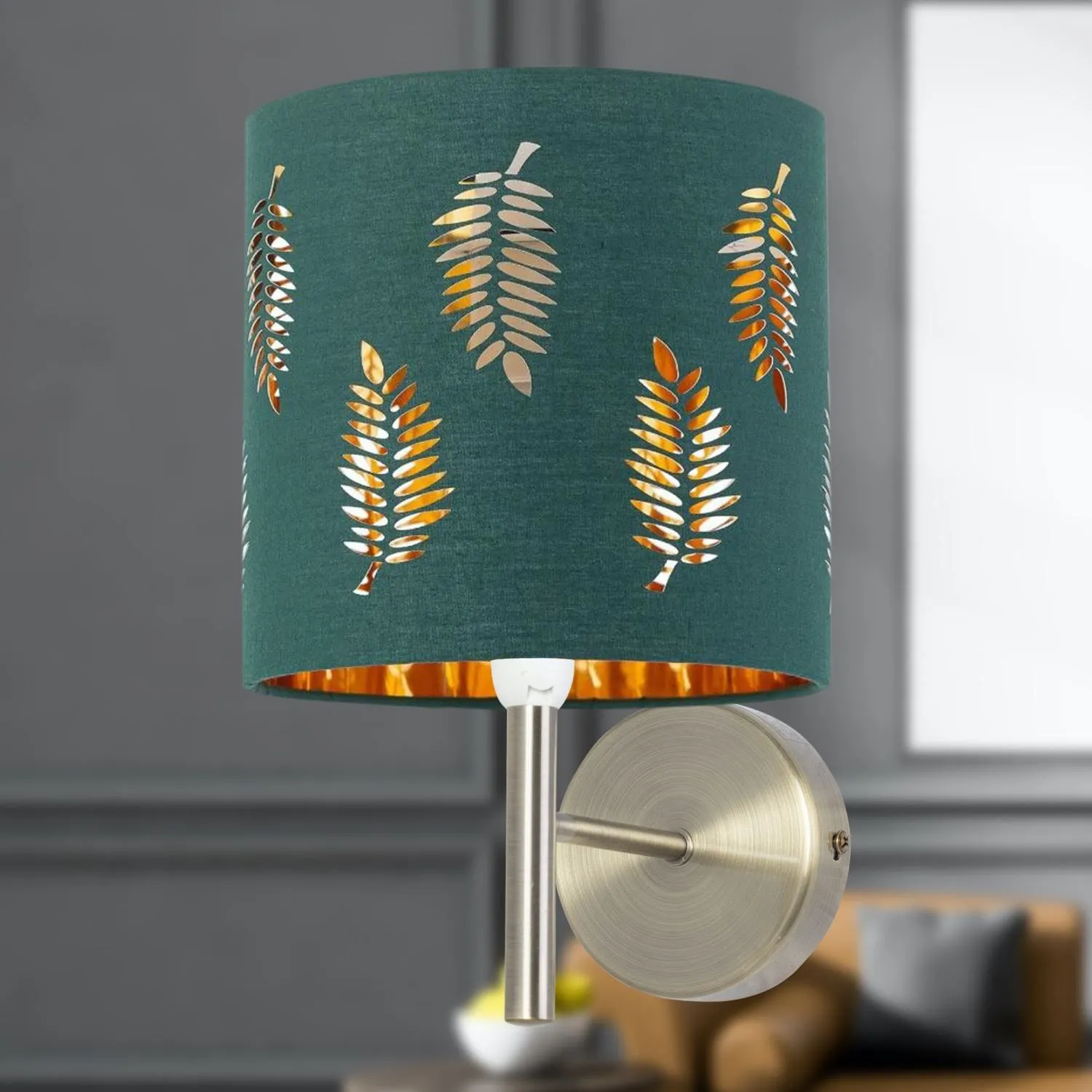 First Choice Lighting Brea - Antique Brass Wall Light with Dark Green Fern Shade in Gold 3