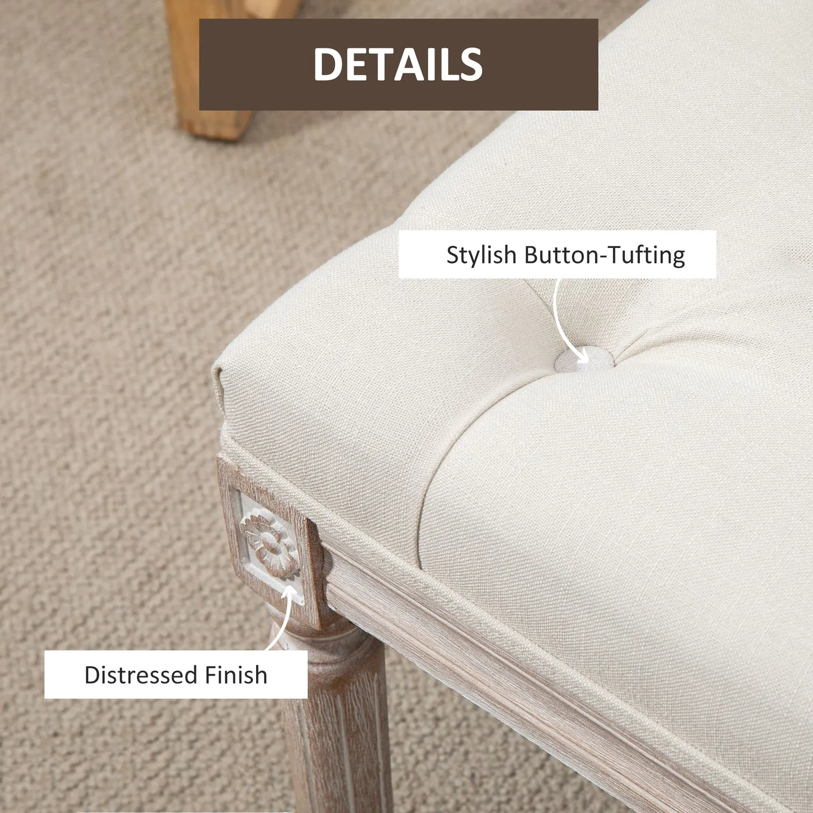 HOMCOM Accent Bench Tufted Upholstered Foot Stool Linen-Touch Ottoman in Beige 4