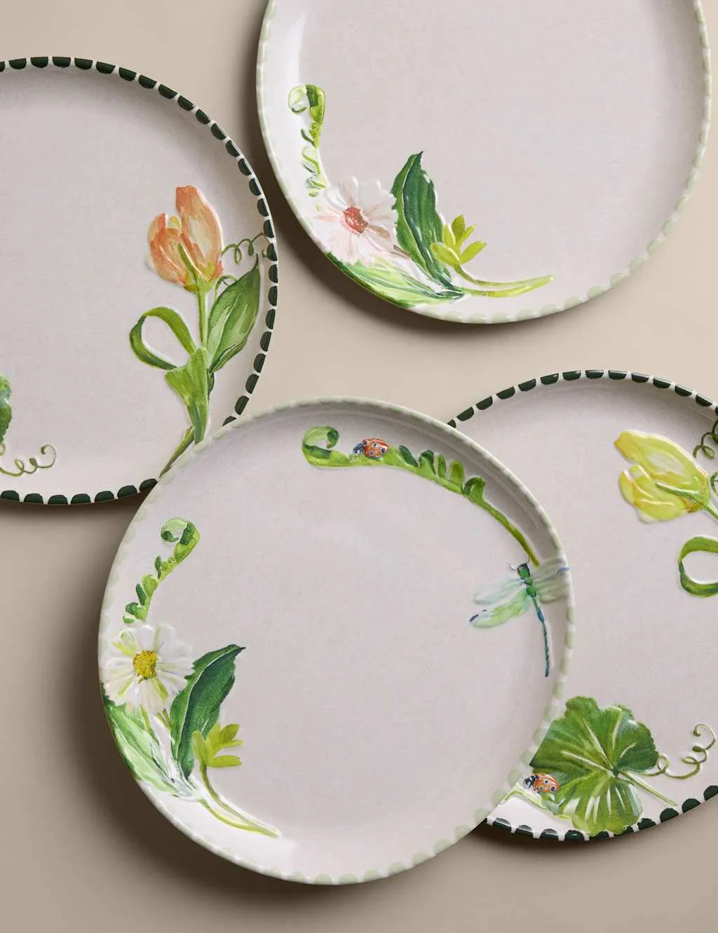 M&S Set of 4 Floral Picnic Dinner Plates Green Mix