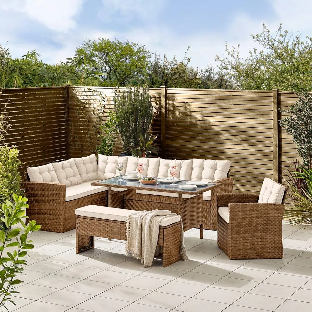 FurnitureboxUK Marbella Textured Grey Rattan Garden Dining Set Grey Cushions 9 Seat Outdoor Sofa, Glass Table Top 145x80cm in Beige