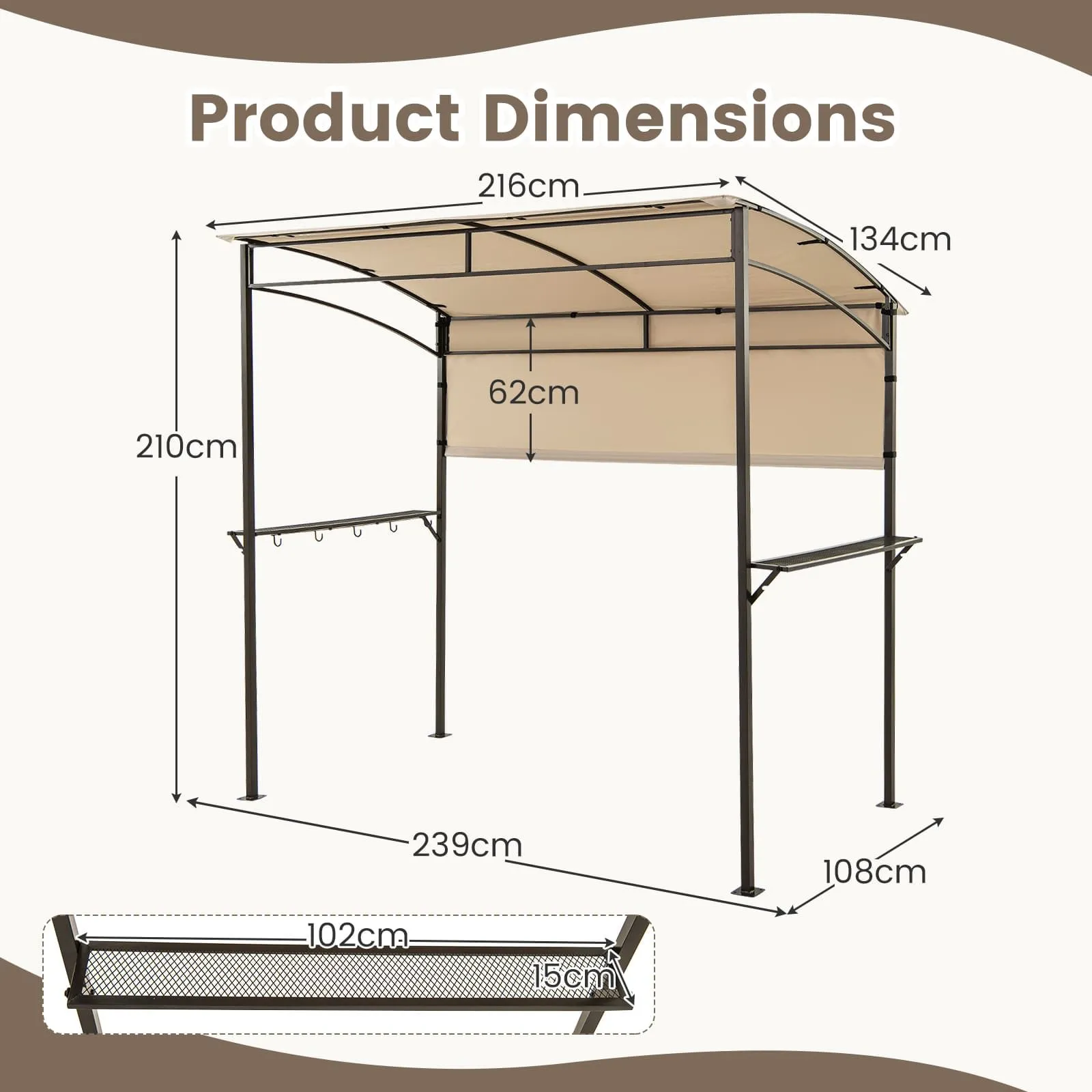 Costway 239 x 108 cm Grill Gazebo Outdoor Patio BBQ Canopy in Beige 2